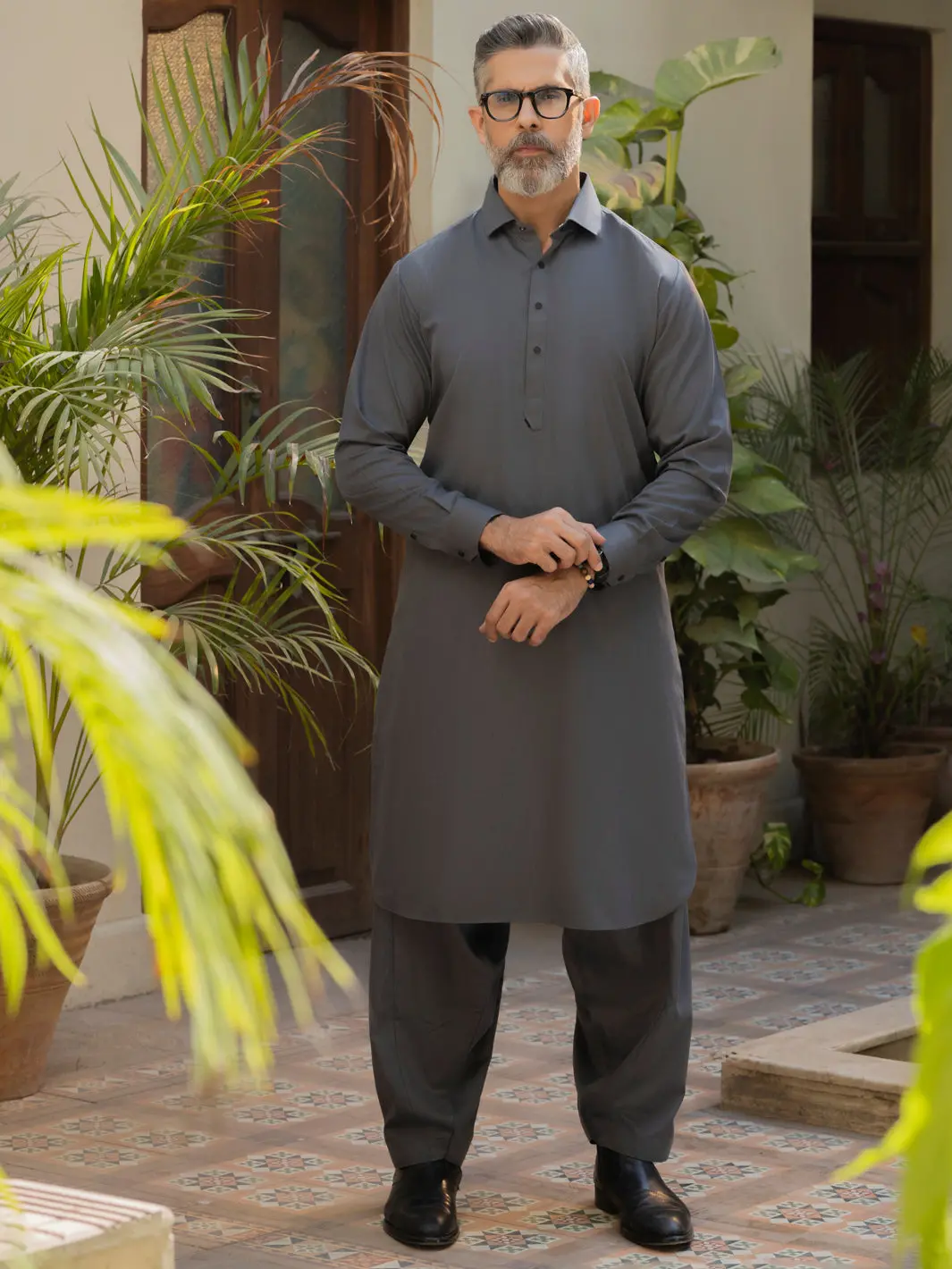 Steel Grey Blended Kameez Shalwar - Alwa-Ks-495 1
