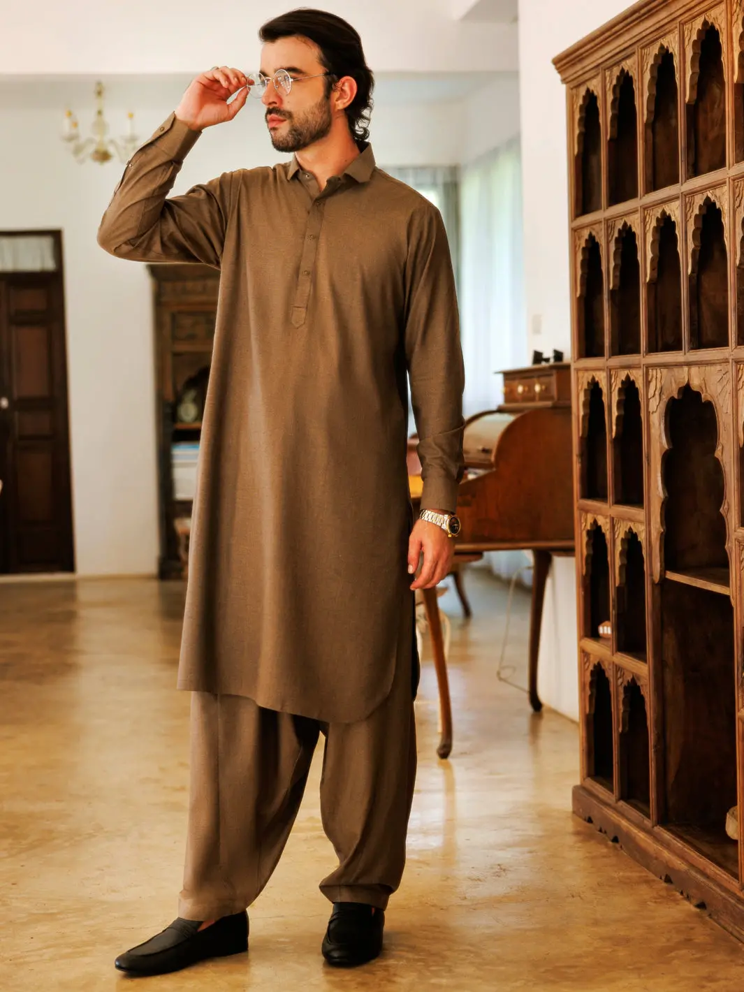 Olive Green Blended Kameez Shalwar - Alwa-Ks-501 1