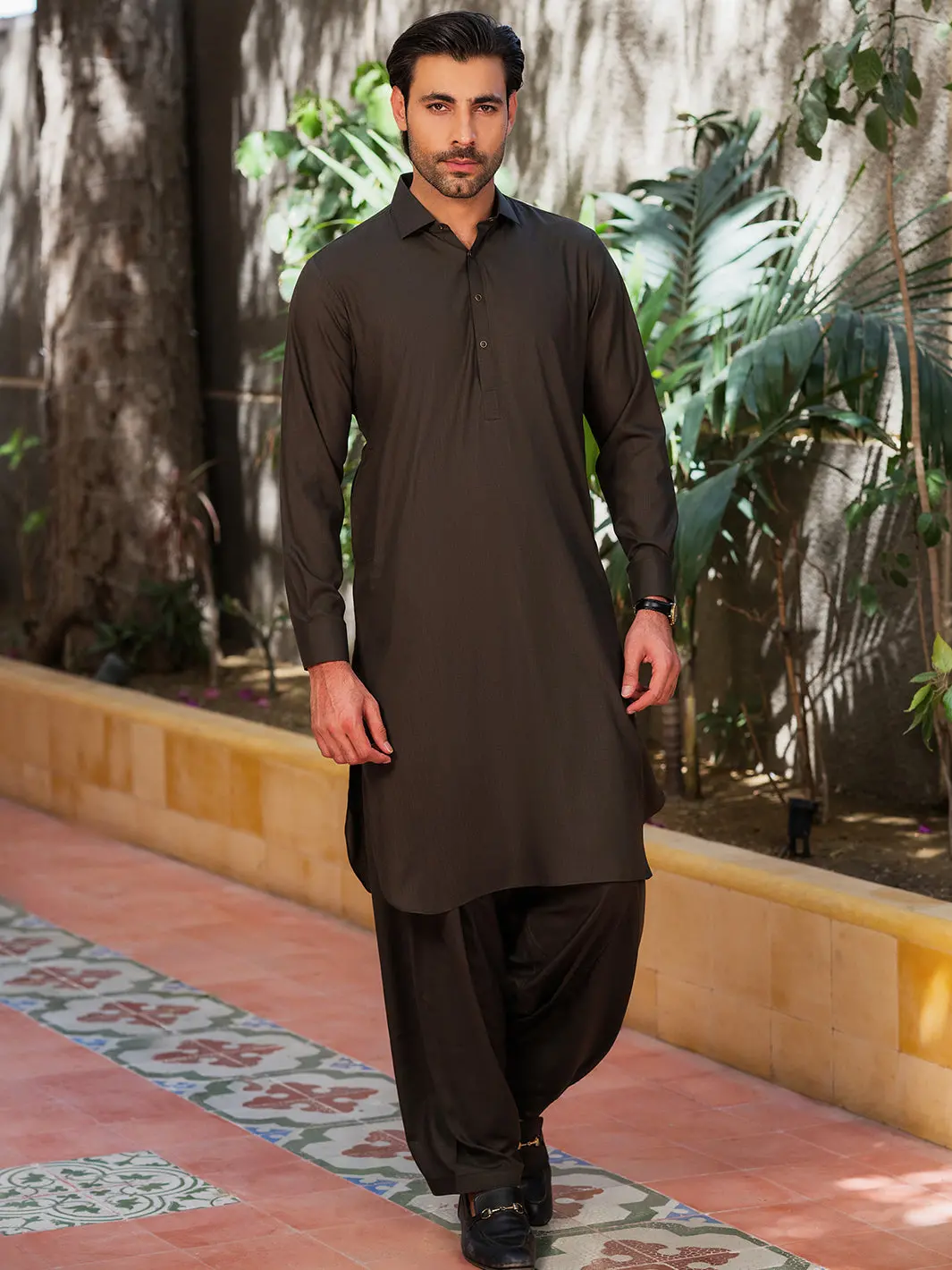 Olive Green Blended Kameez Shalwar - Alwa-Ks-530 1