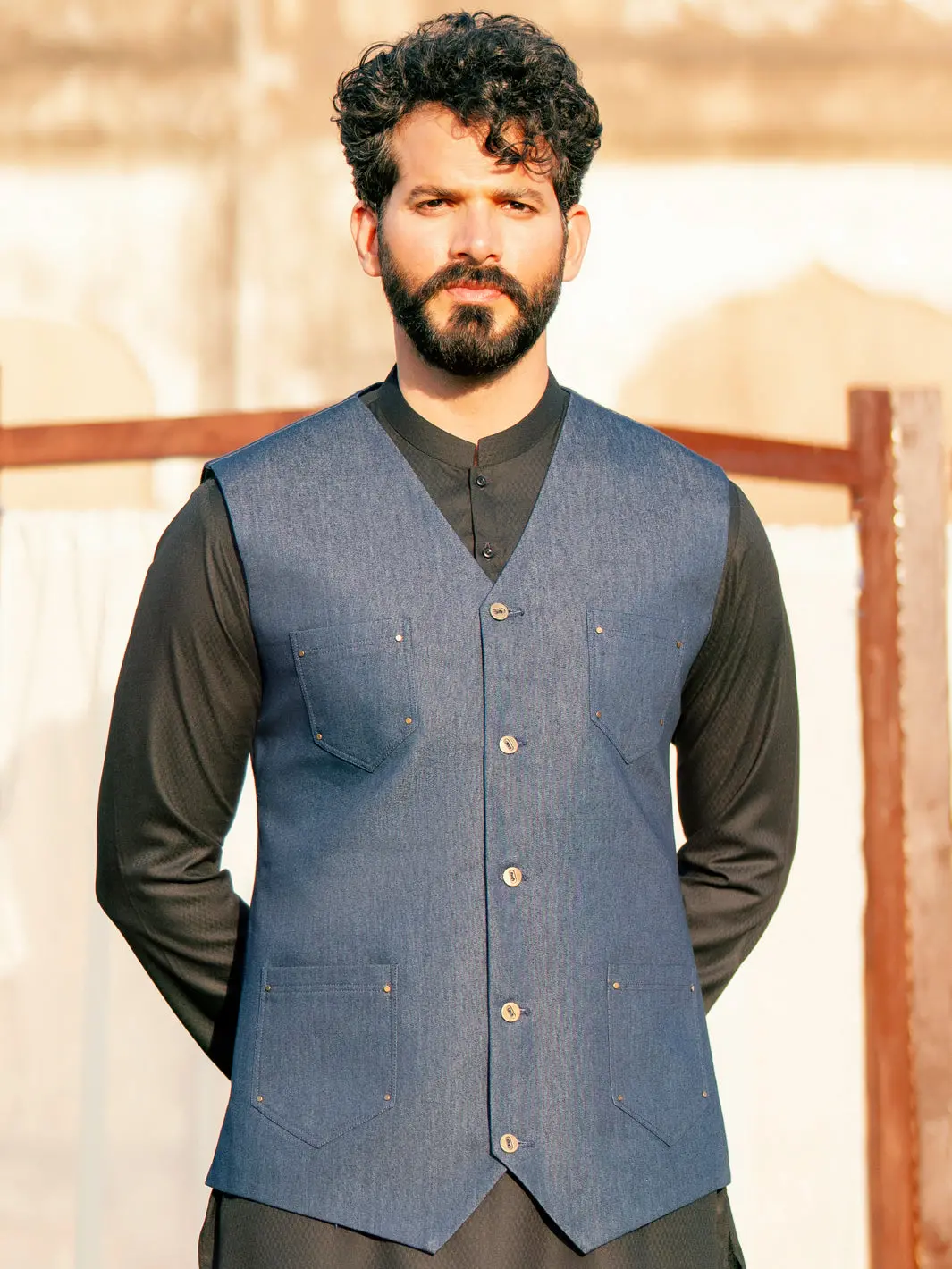 Indigo Polyester Cotton Waistcoat - Al-Wc-540 1