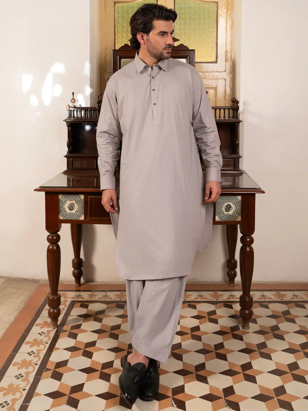 Grey Cotton Kameez Shalwar - Alwa-Ks-547 1