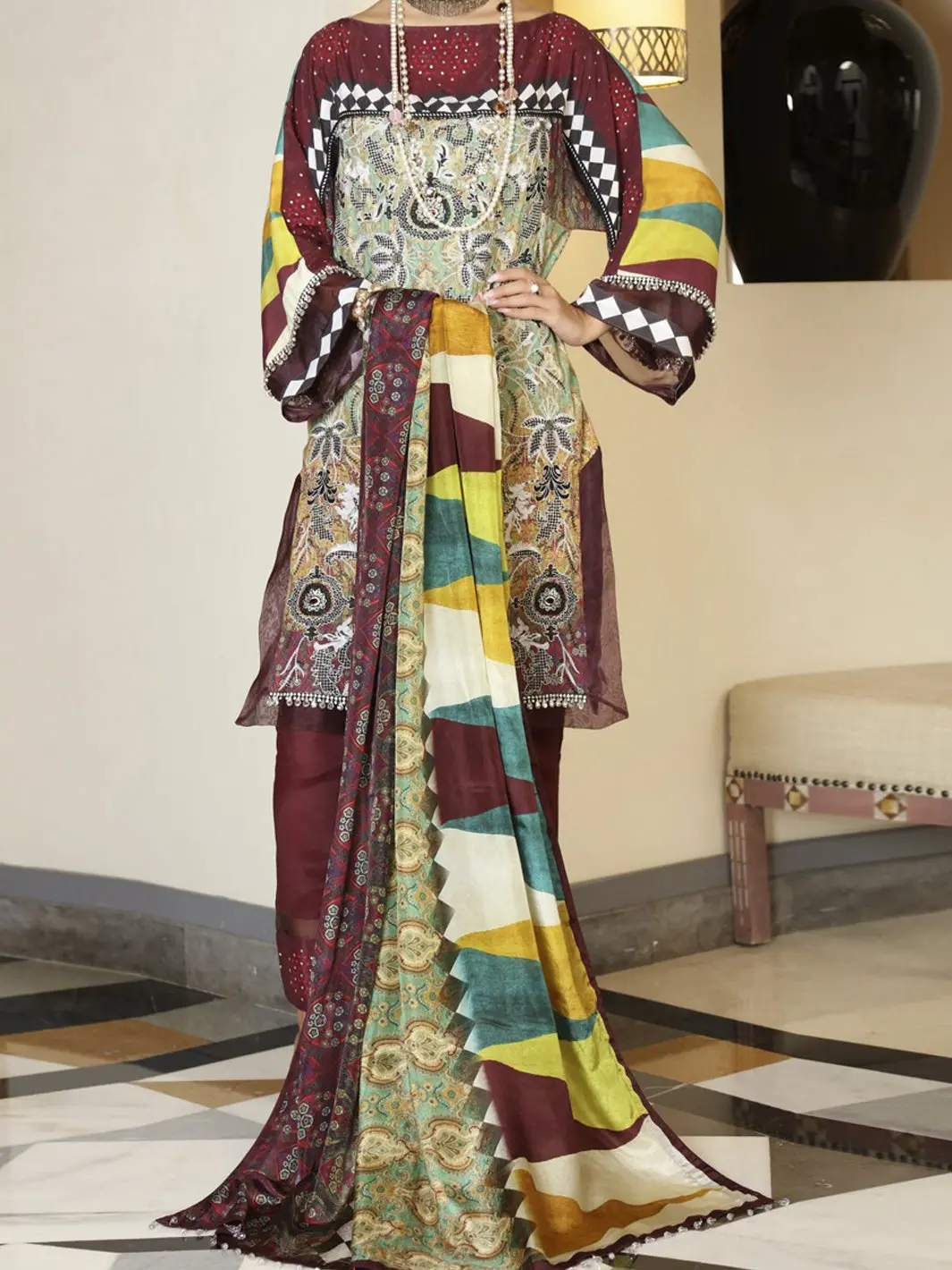 Mehroon Silk Viscose 3Pc Unstitched - Alp-561 1