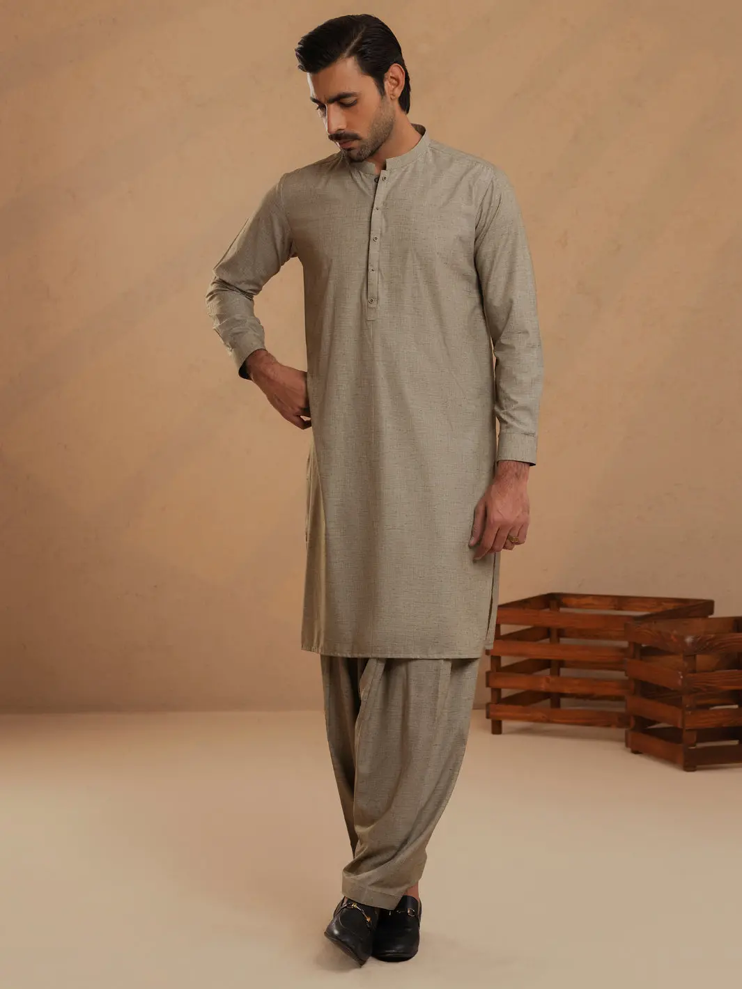 Sand Brown Blended Unstitched Fabric - Al-Un-Stn-6192-Bx 1
