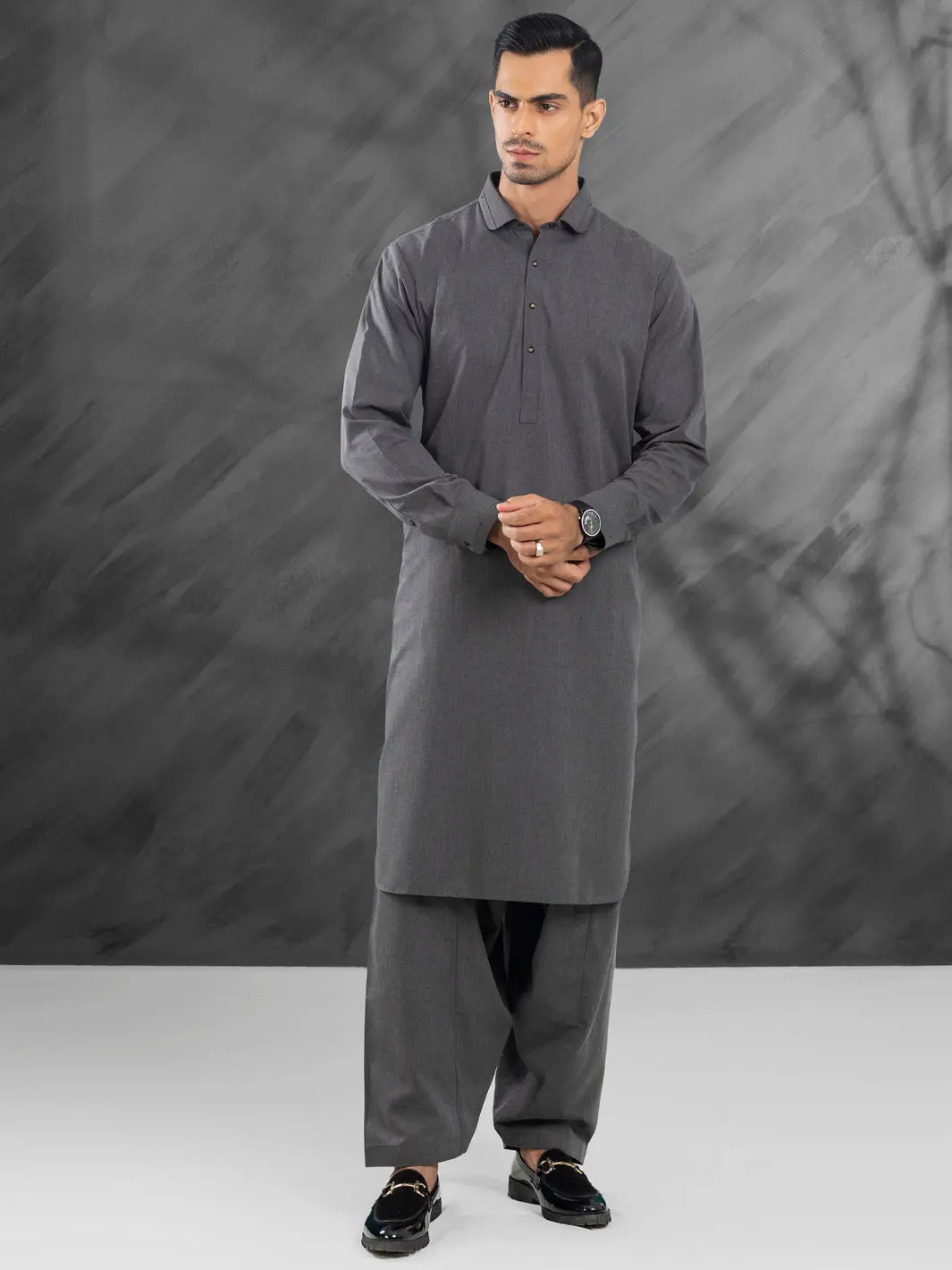 Charcoal Grey Blended Kameez Shalwar - Alwa-Ks-464 1