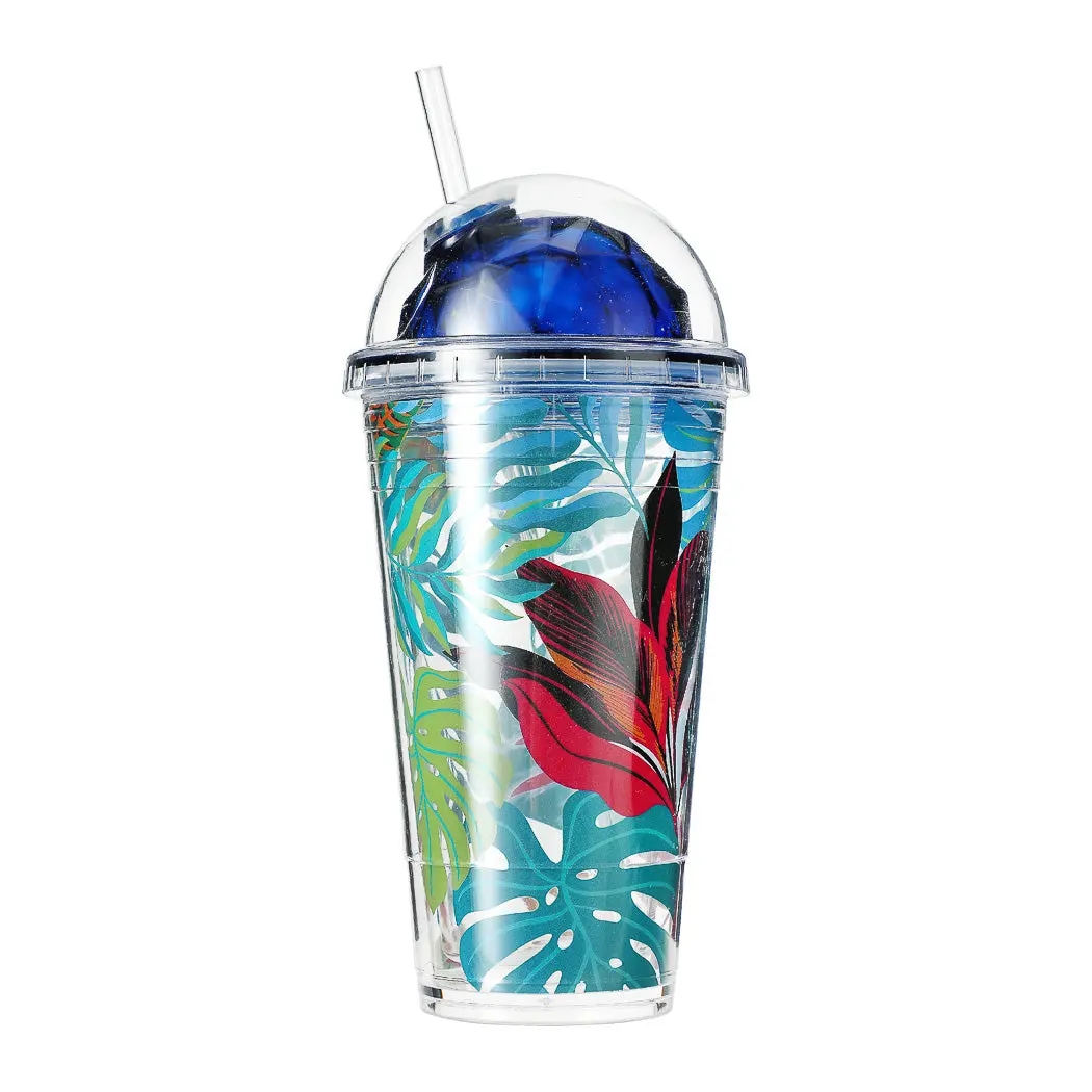 Tropical Forest Series Monstera Deliciosa Print Plastic Bottle With Straw, 450Ml(Blue Lid) 1