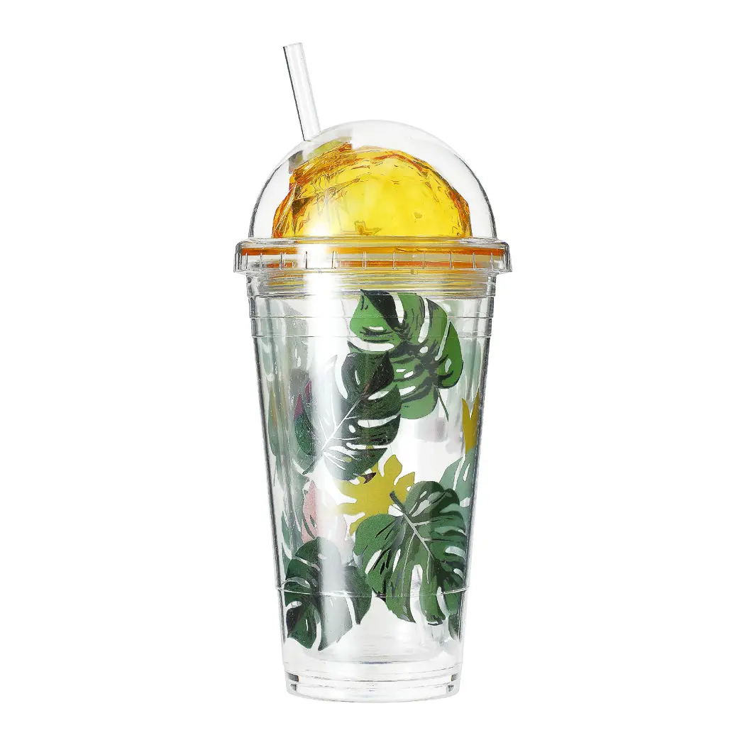 Tropical Forest Series Monstera Deliciosa Print Plastic Bottle With Straw, 450Ml (Yellow Lid) 1