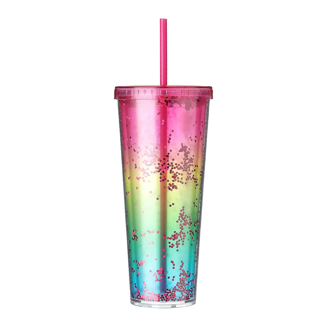Large Capacity Gradient Color Plastic Water Bottle With Straw (720Ml) (Rose Red) 1