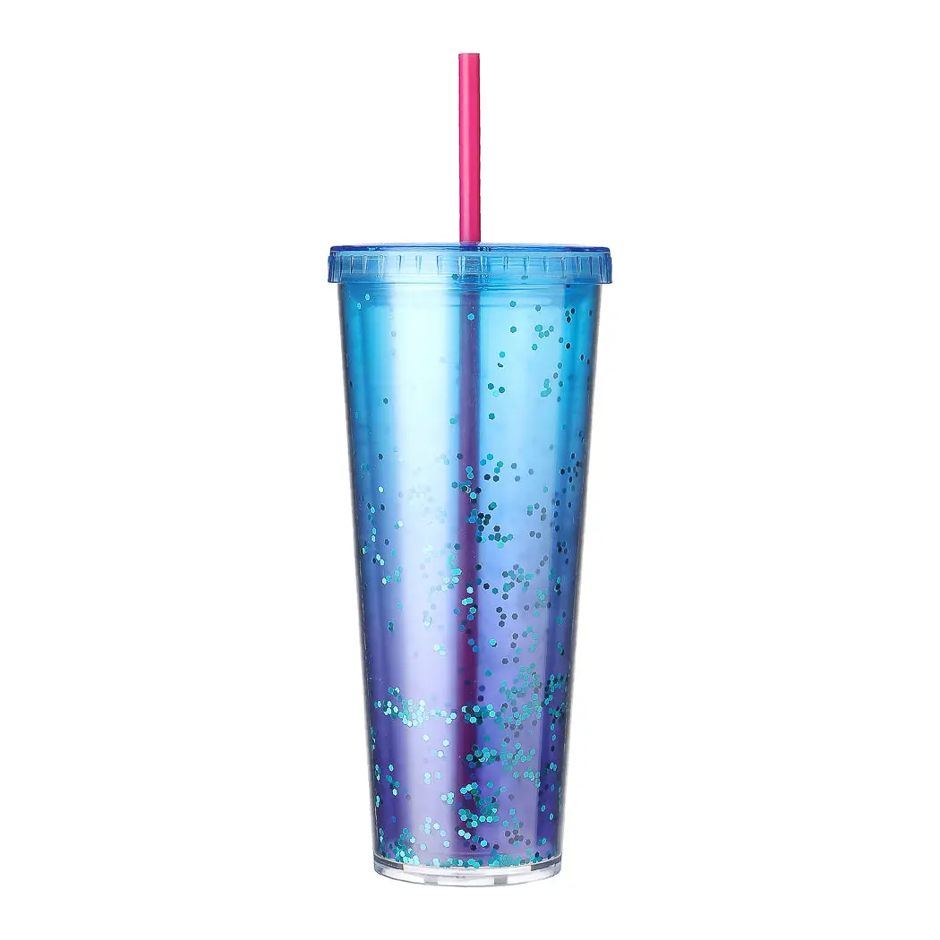 Large Capacity Gradient Color Plastic Water Bottle With Straw (720Ml) (Blue) 1