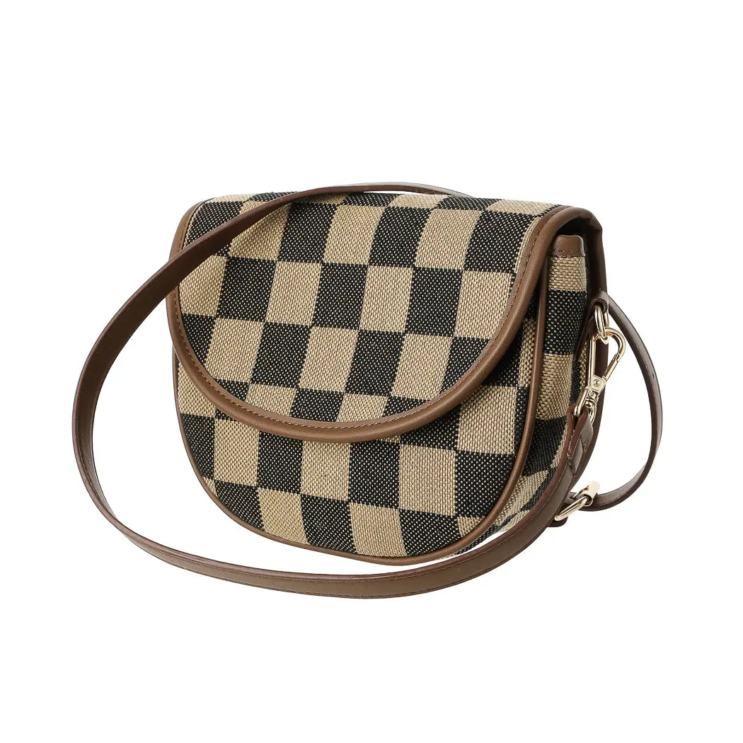 Detachable Checkered Pattern Crossbody Bag (Brown) 1
