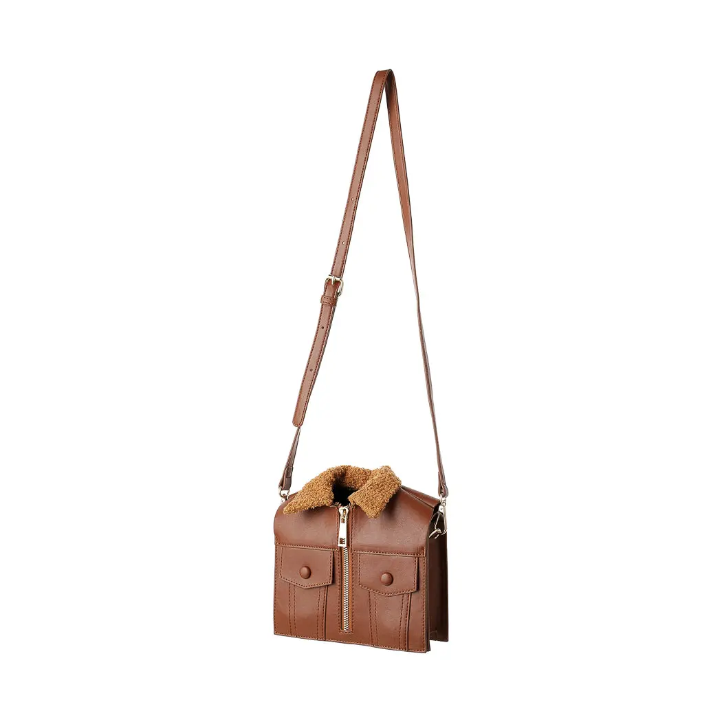 Jacket Design Lamb Like Fabric Crossbody Bag (Brown) 1