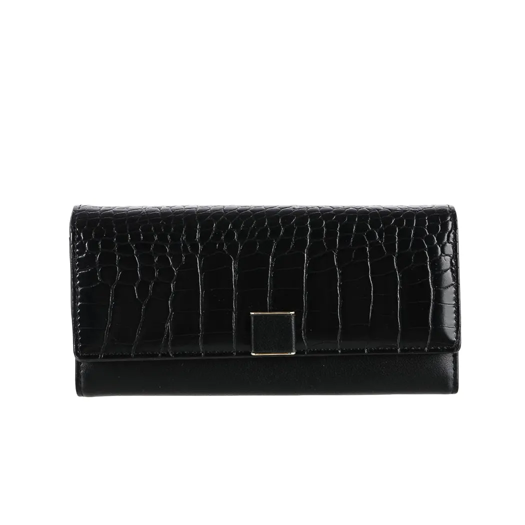 Women's Long Stone Pattern Wallet With Flap Top (Black) 1