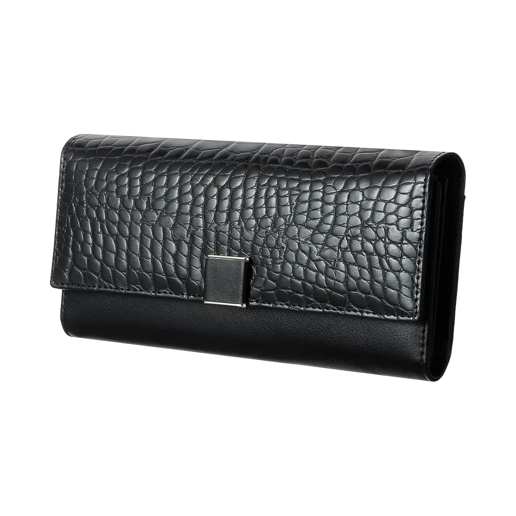 Women's Long Stone Pattern Wallet With Flap Top (Black) 2