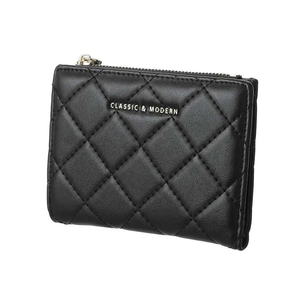 Women's Short Diamond Lattice Pattern Quilted Wallet With Golden Letters(Black) 1