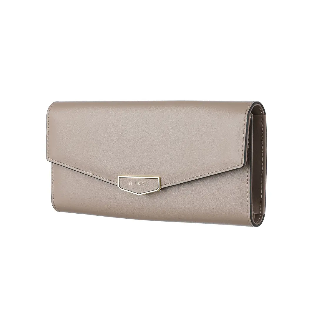 Women's Long Trifold Wallet With Hardware Decoration (Gray) 1