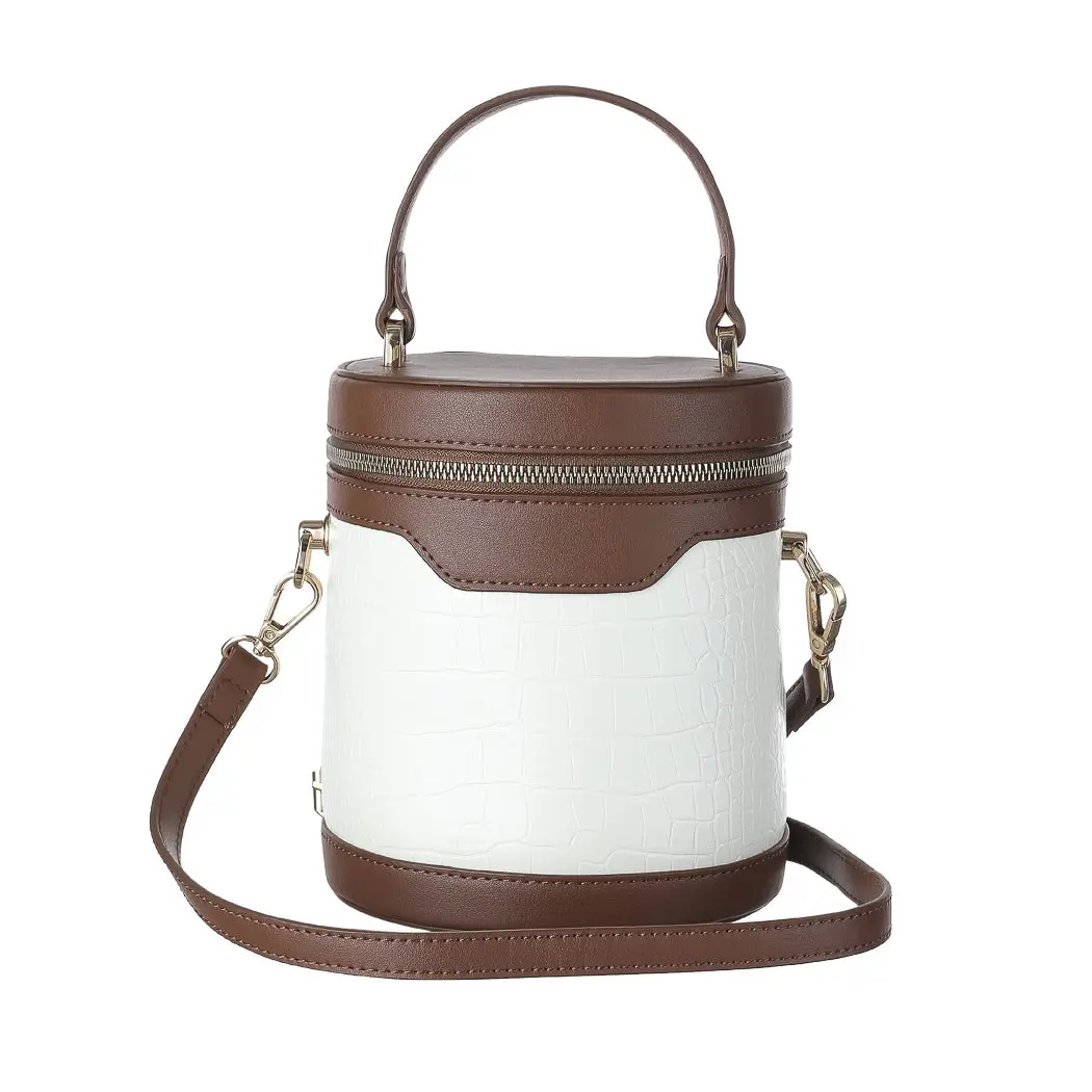 Barrel Shape Stone Pattern Crossbody Handbag(Brown And White) 1