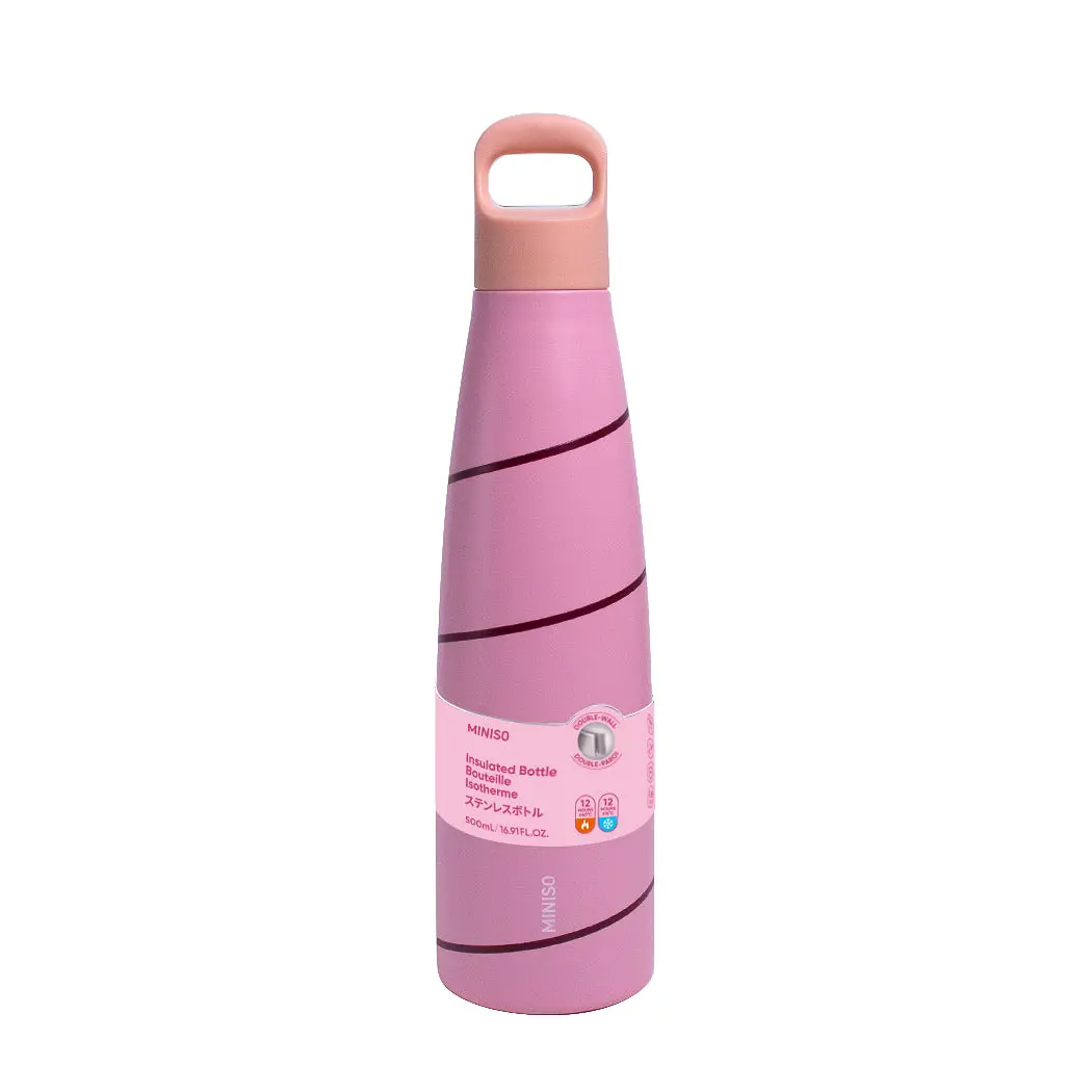 Miniso Colorful Series Double-Wall Insulated Bottle With Handle 500Ml(Dark Pink Stripe) 1