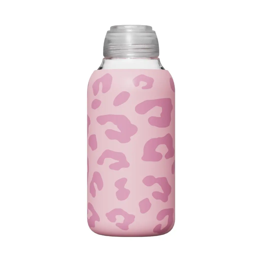 Colorful Glass Travel Water Bottle 500Ml(Pink Leopard Print) 1