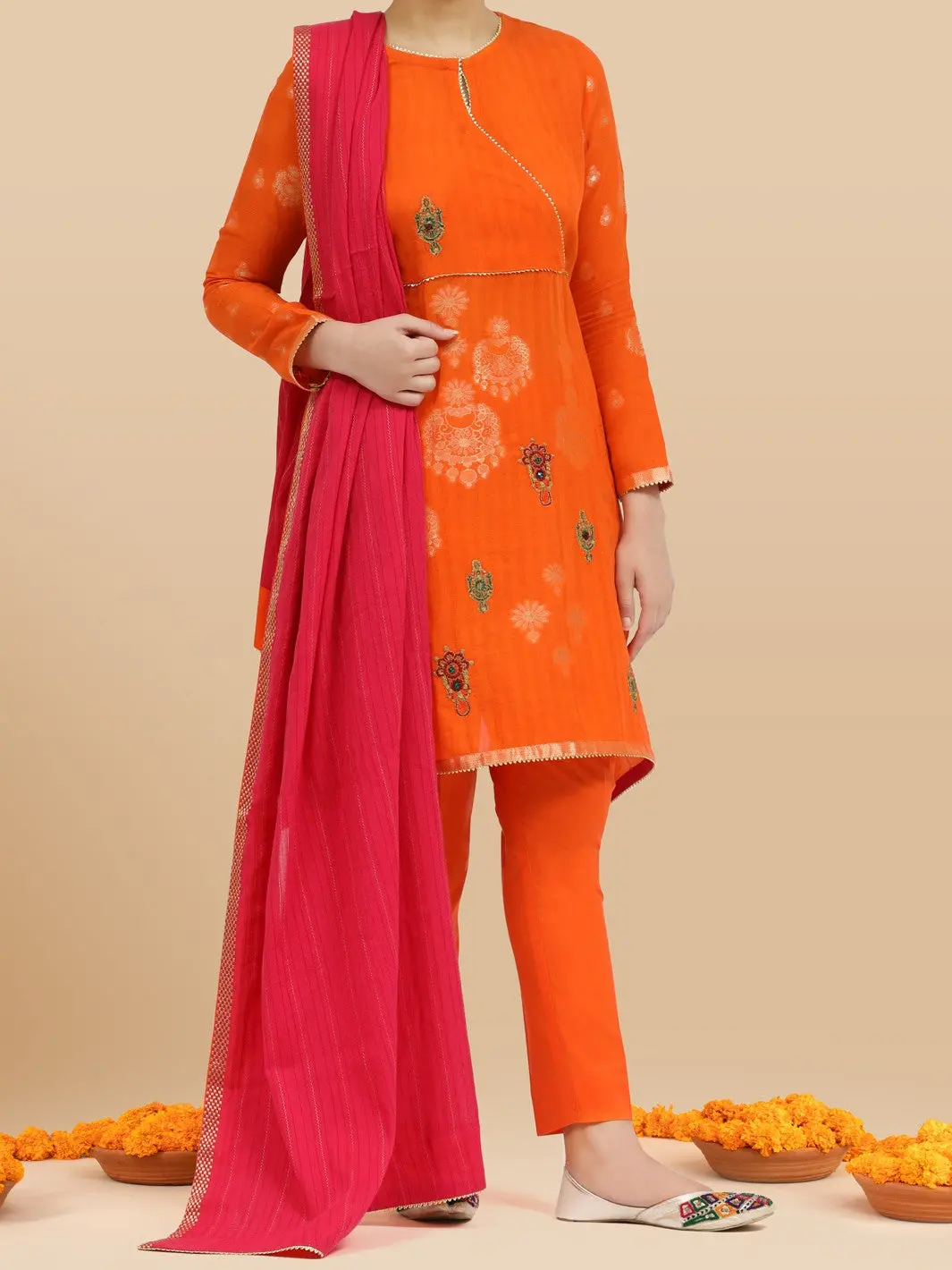 Orange Jacquard 3Pc Unstitched - Alp-3Ps-843 1