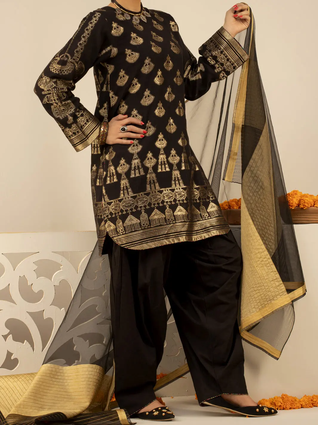 Black Jacquard 3Pc Unstitched - Alp-3Ps-847 1