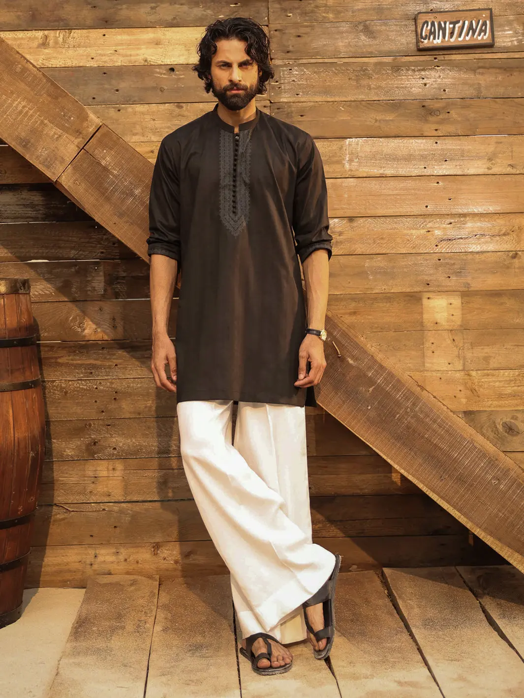 Black Cotton Screen Print Kurta - Al-K-1297 1