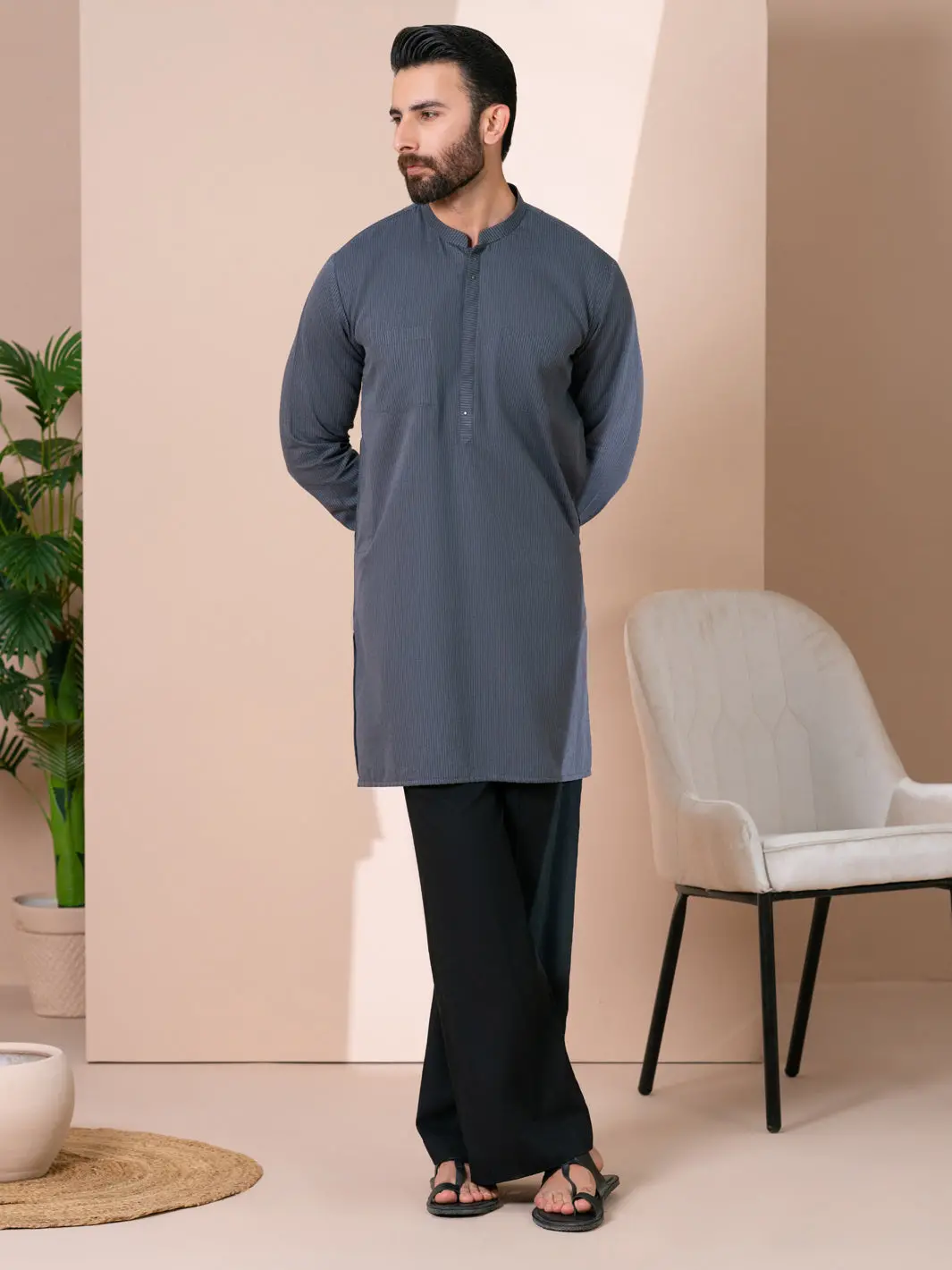 Grey Cotton Plain Kurta - Al-K-1313 1