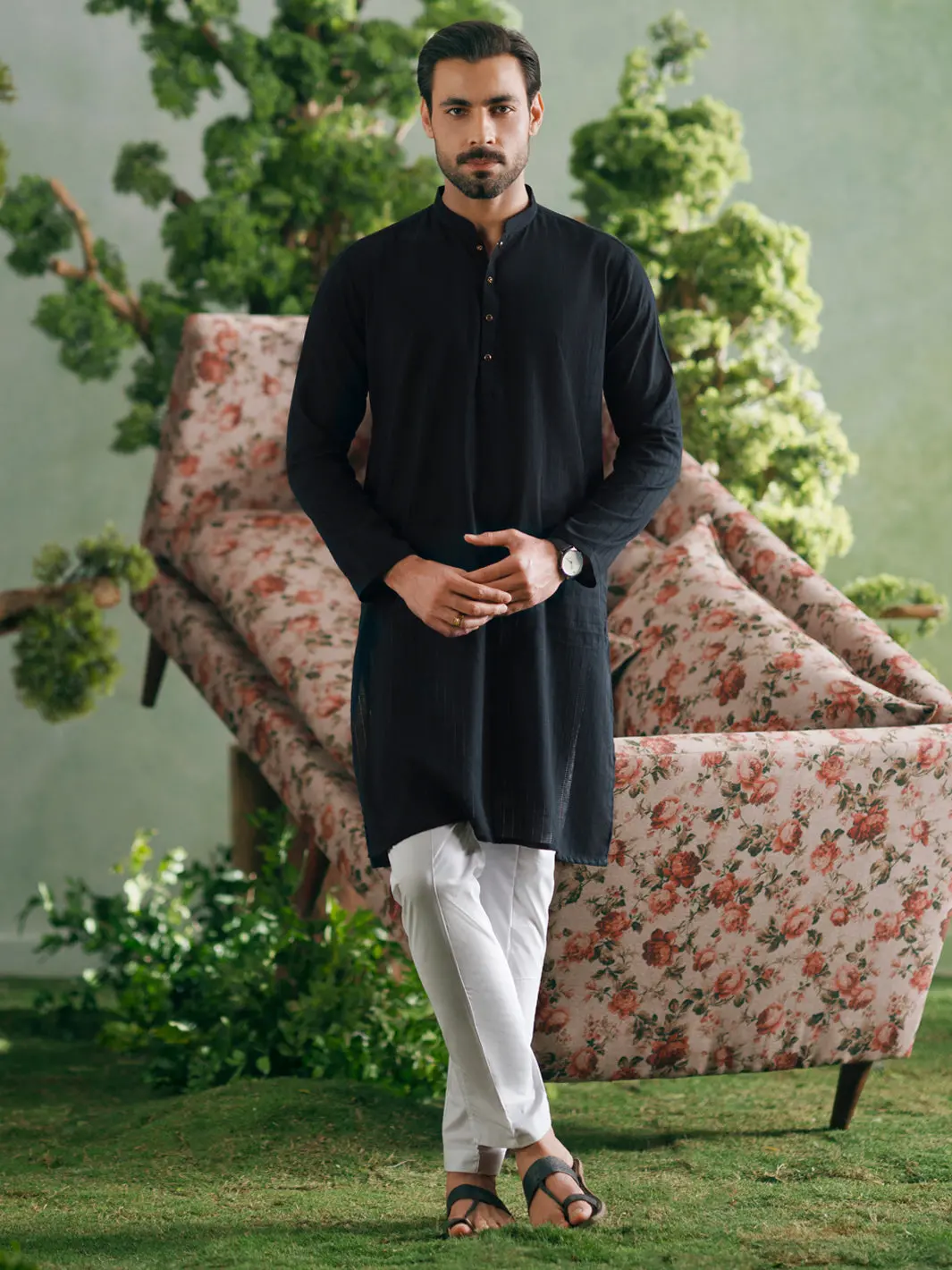 Black Cotton Plain Kurta - Al-K-1329 1