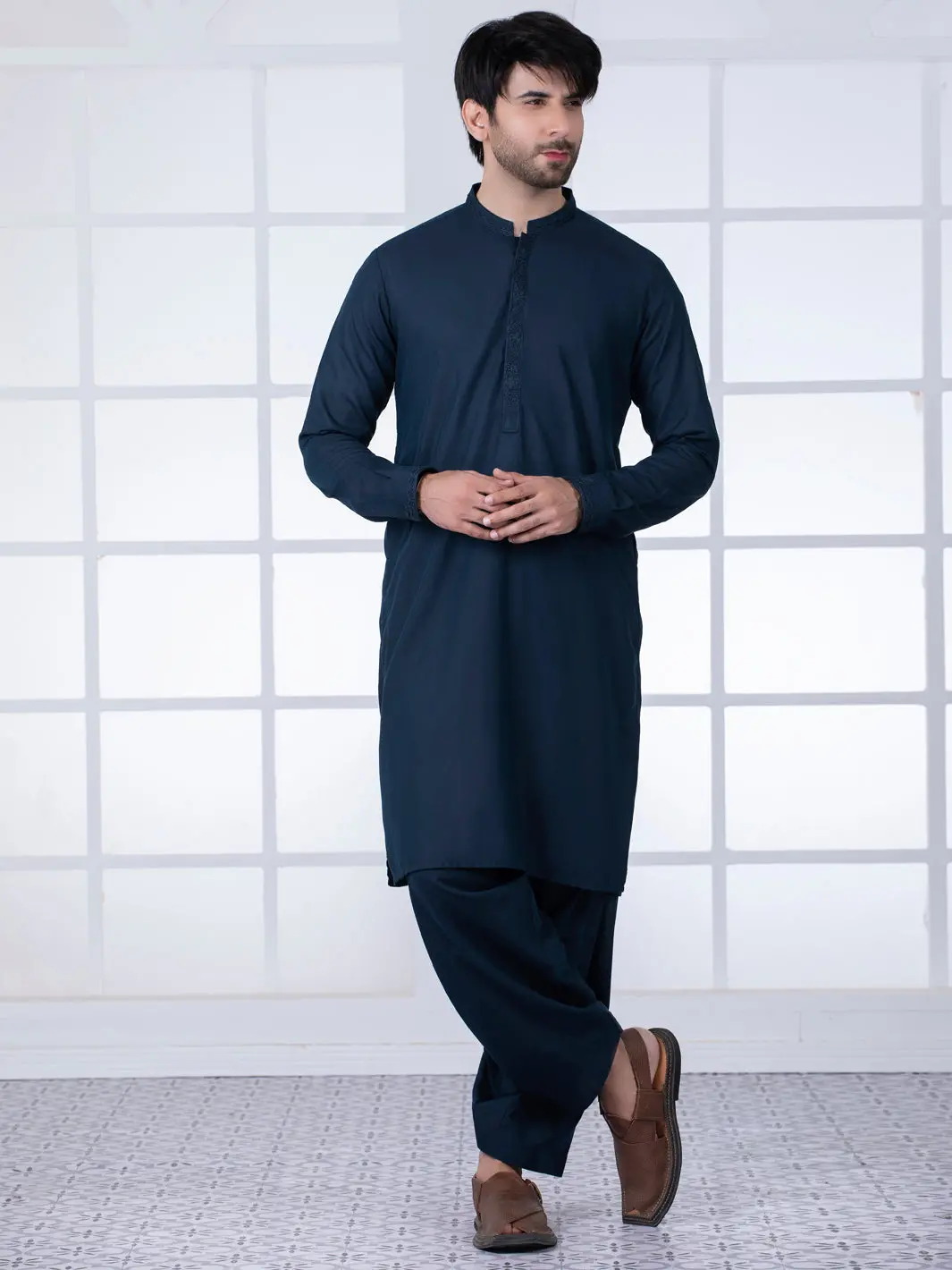 Dark Blue Blended Kameez Shalwar - Al-Ks-2783 1