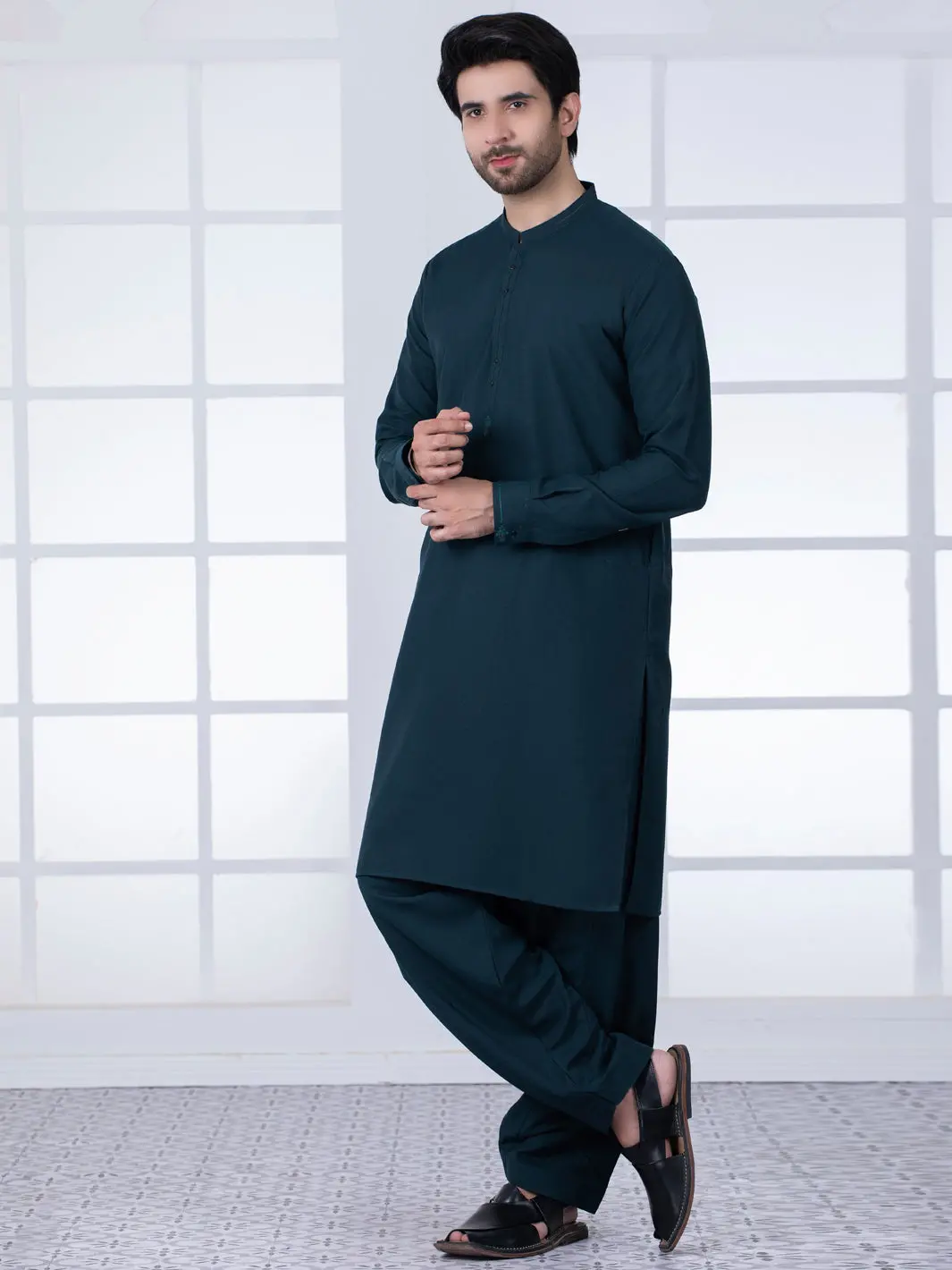 Dark Green Blended Kameez Shalwar - Al-Ks-2788 1