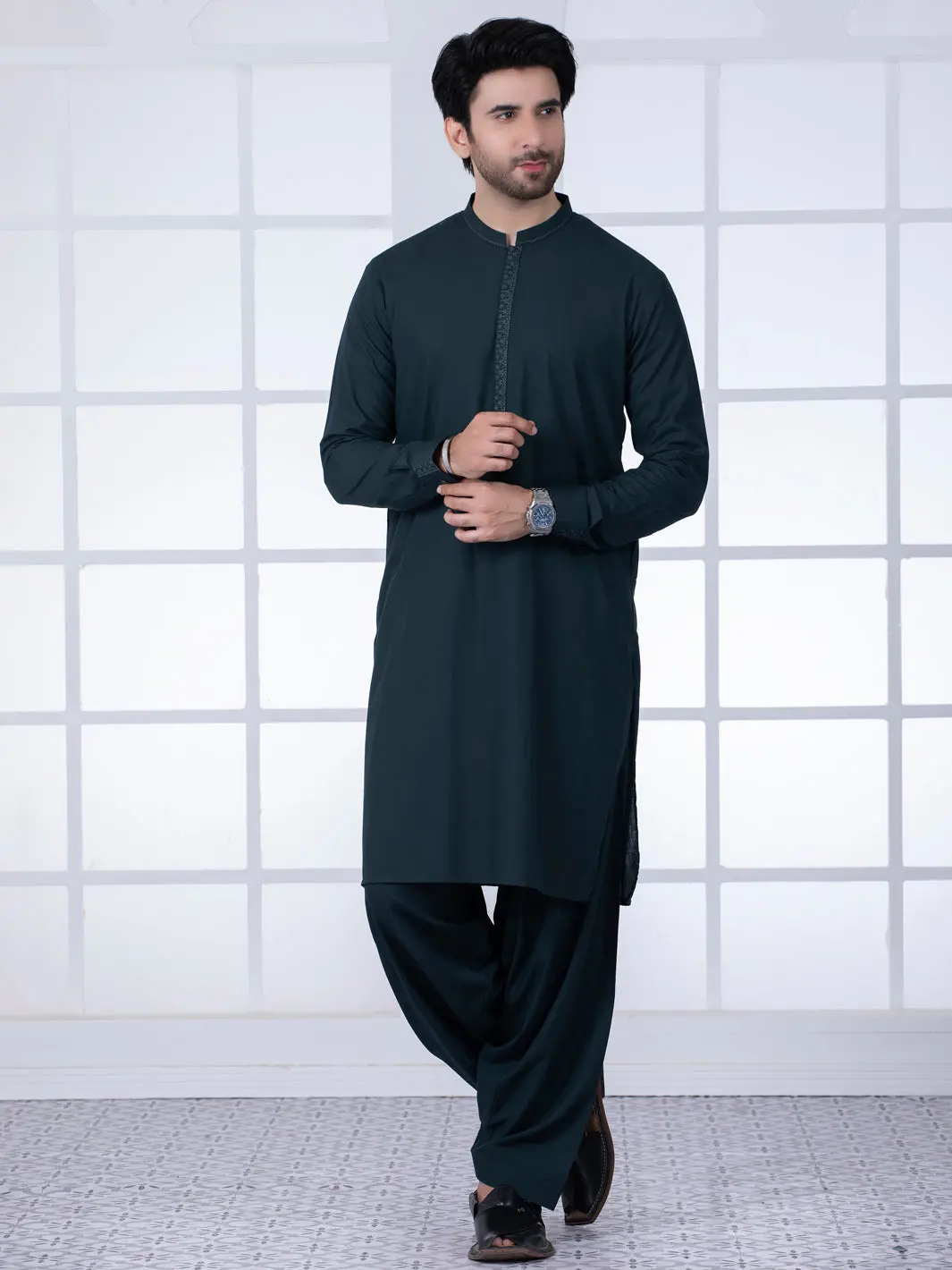 Dark Green Blended Kameez Shalwar - Al-Ks-2794 1