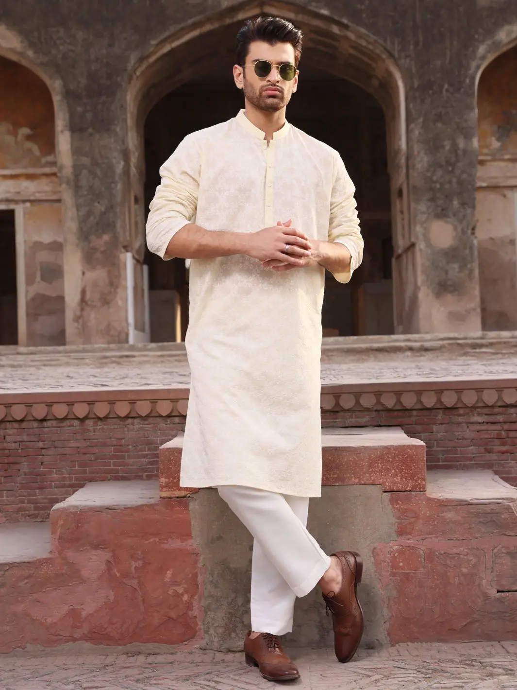 Lemon Yellow Cotton Schiffli Kurta - Al-K-712B 1