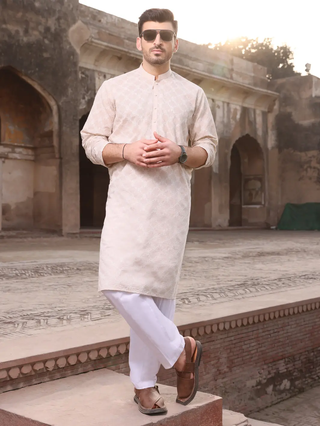 Fawn Cotton Schiffli Kurta - Al-K-712C 1