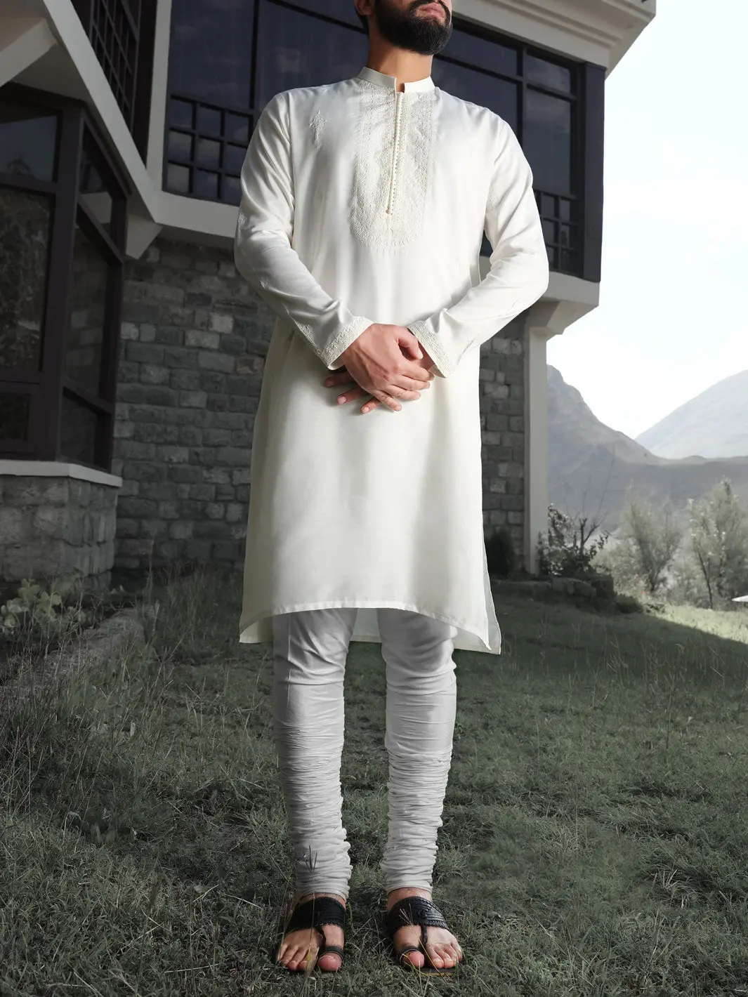White Cotton Silk Formal Kurta - Al-K-Sp-024 1