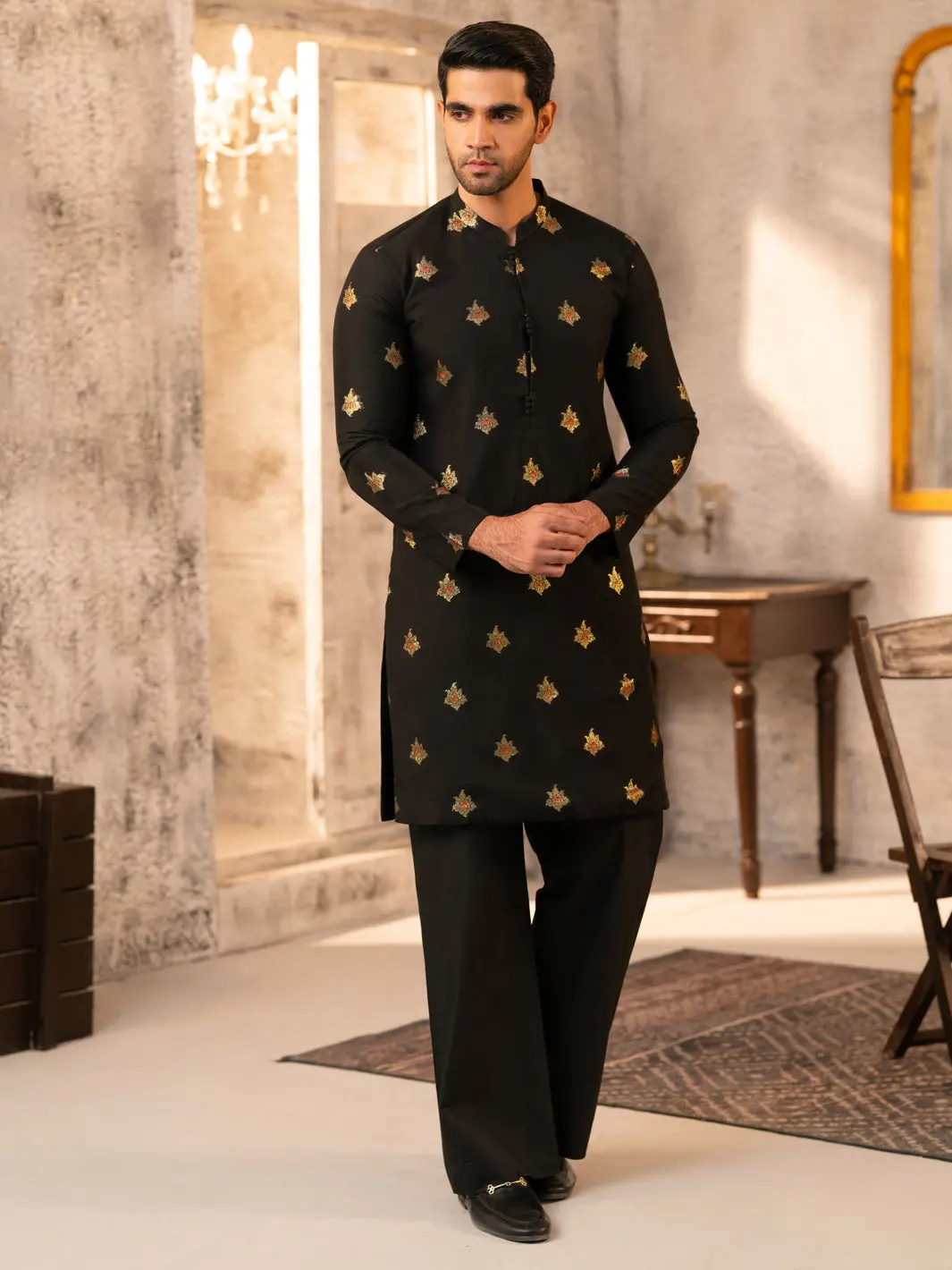 Black Formal Brocade Kurta - Al-K-Sp-065 1