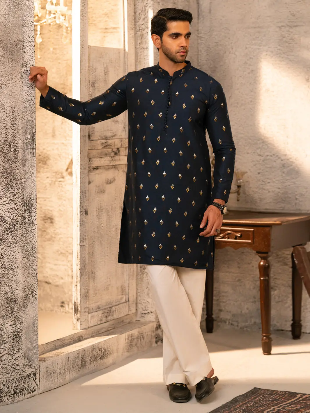 Navy Blue Formal Brocade Kurta - Al-K-Sp-071 1