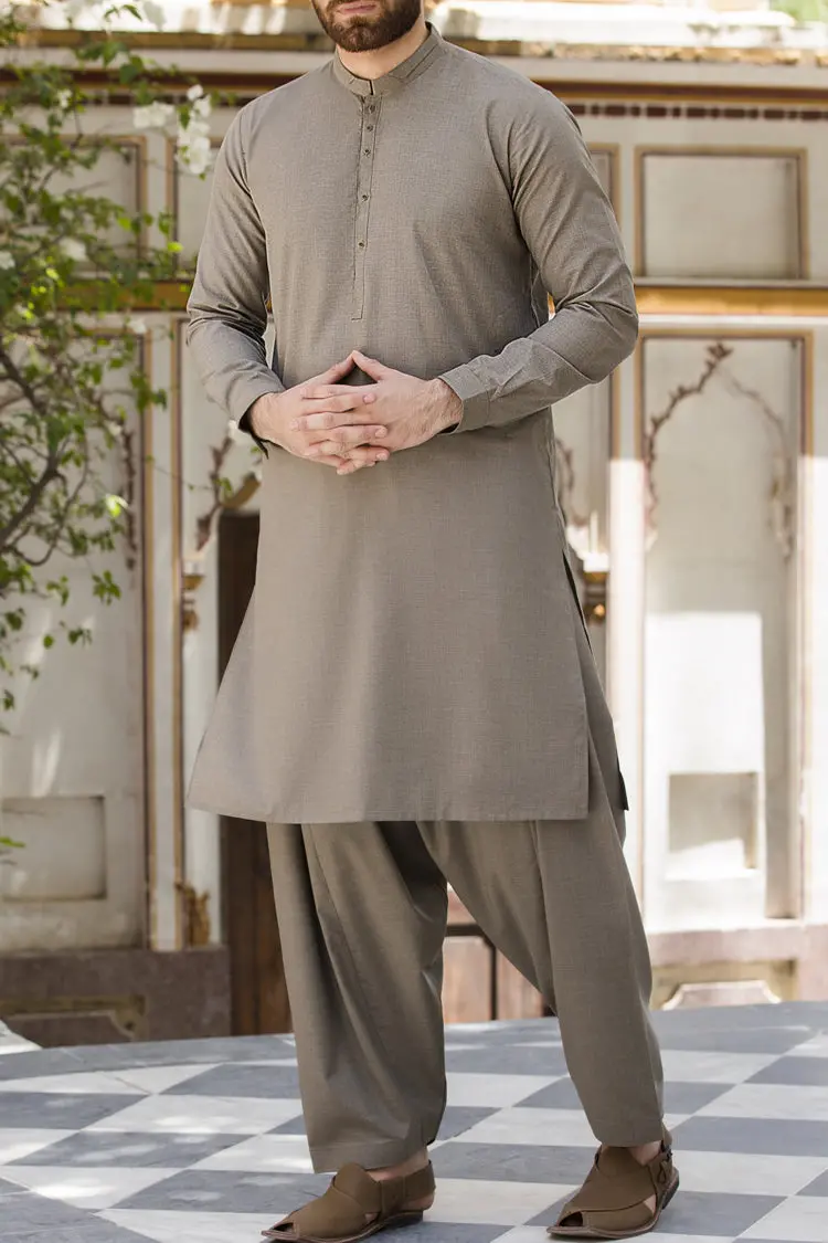 Olive Green Blended Kameez Shalwar - Al-Ks-2398 1