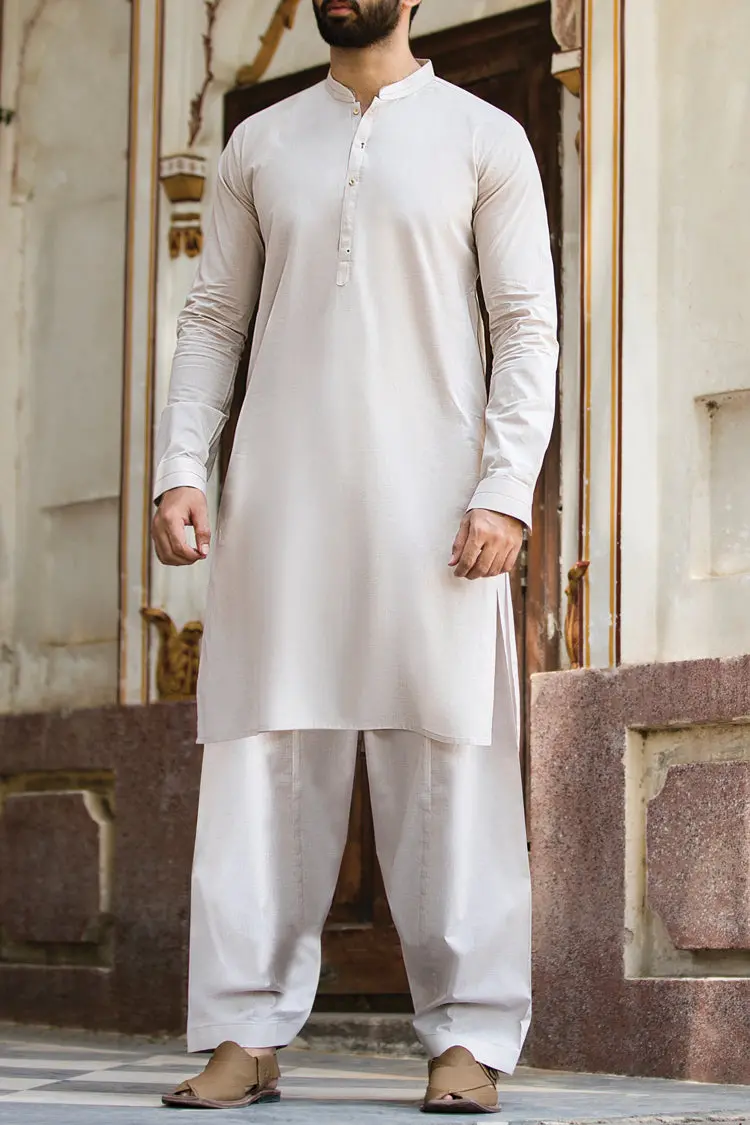 Cream Cotton Kameez Shalwar - Al-Ks-2401 1