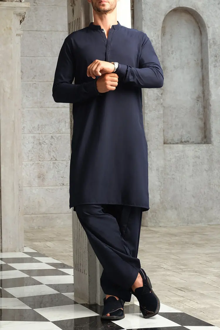 Navy Blue Blended Kameez Shalwar - Al-Ks-2454 1
