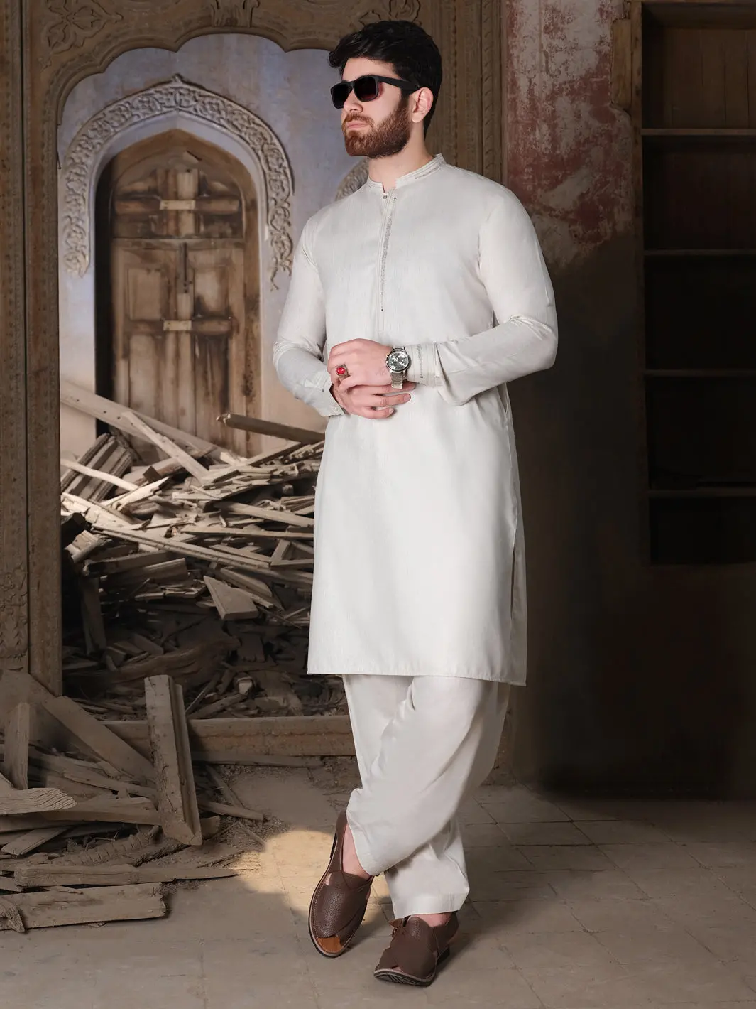 Light Grey Blended Kameez Shalwar - Al-Ks-2517 1