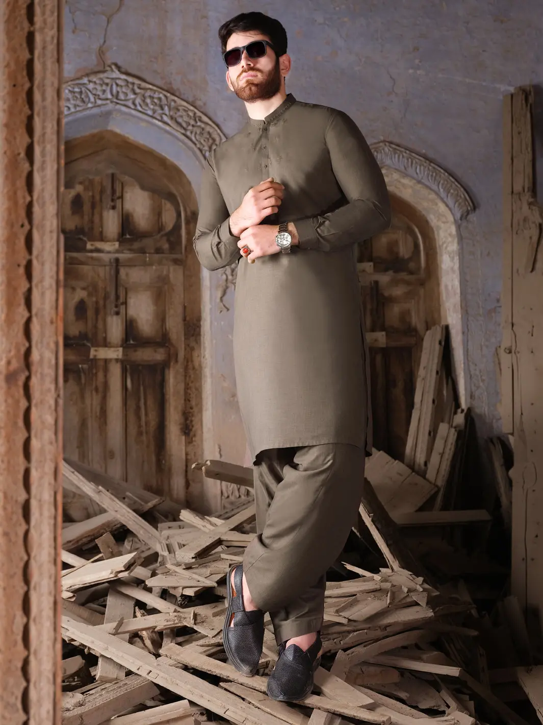 Olive Green Blended Kameez Shalwar - Al-Ks-2520 1