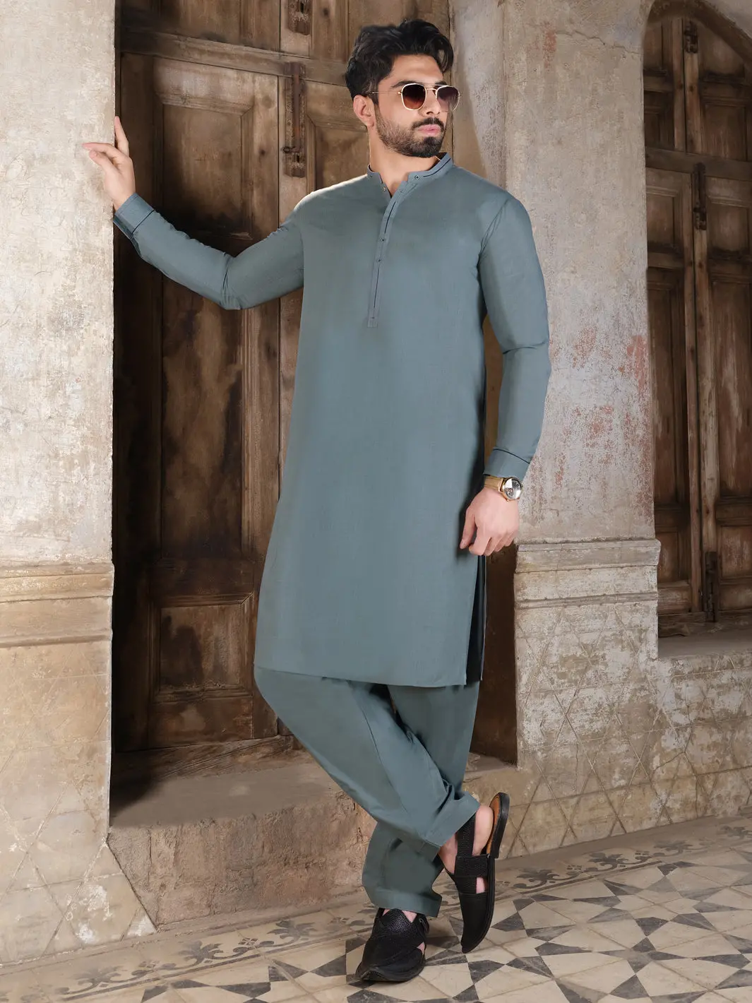 Teal Grey Blended Kameez Shalwar - Al-Ks-2524 1