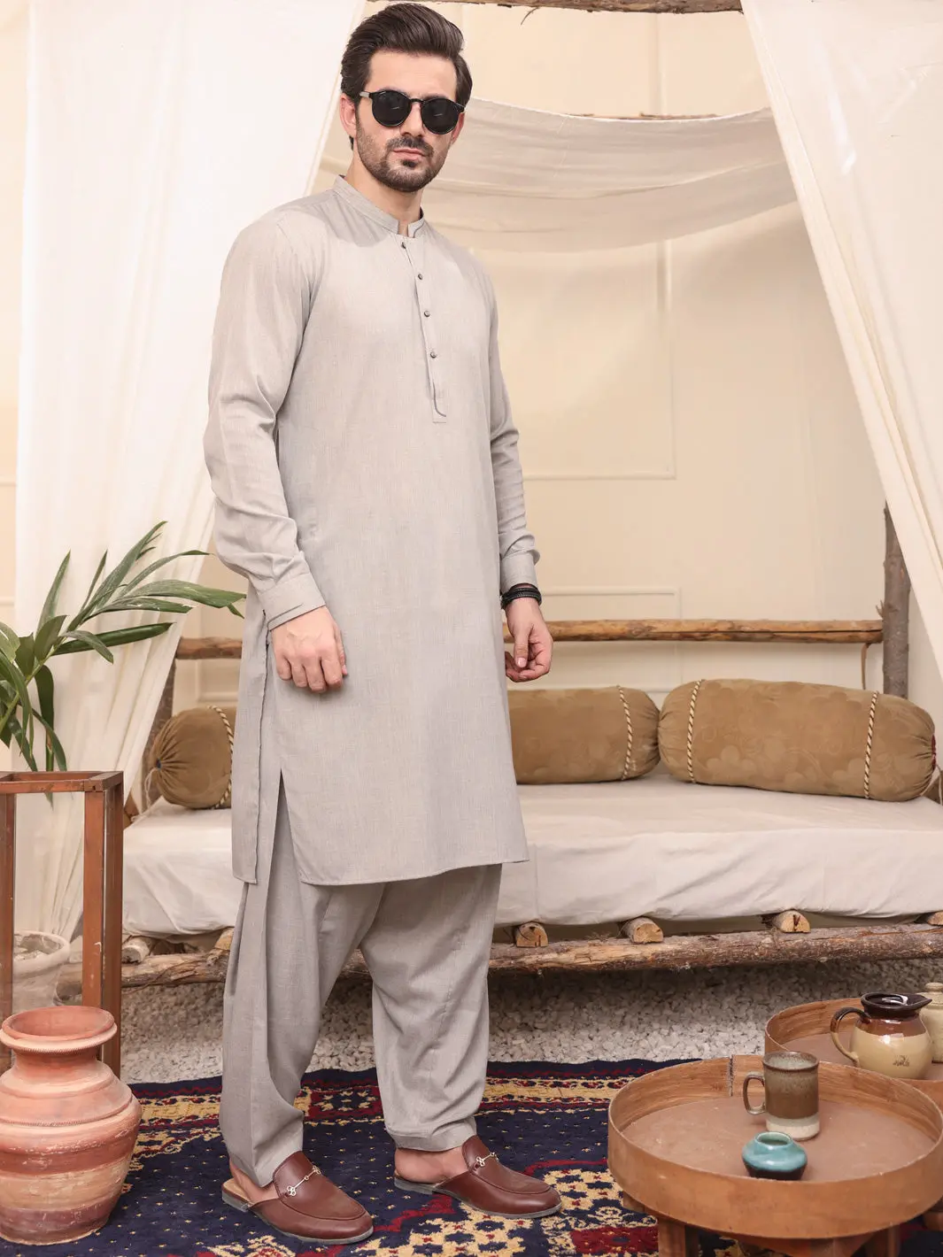 Light Grey Blended Kameez Shalwar - Al-Ks-2603 1
