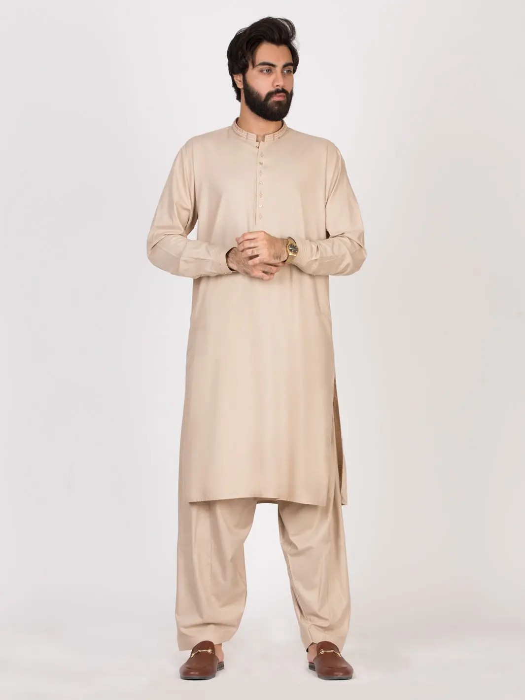 Beige Blended Kameez Shalwar - Al-Ks-2614C 1