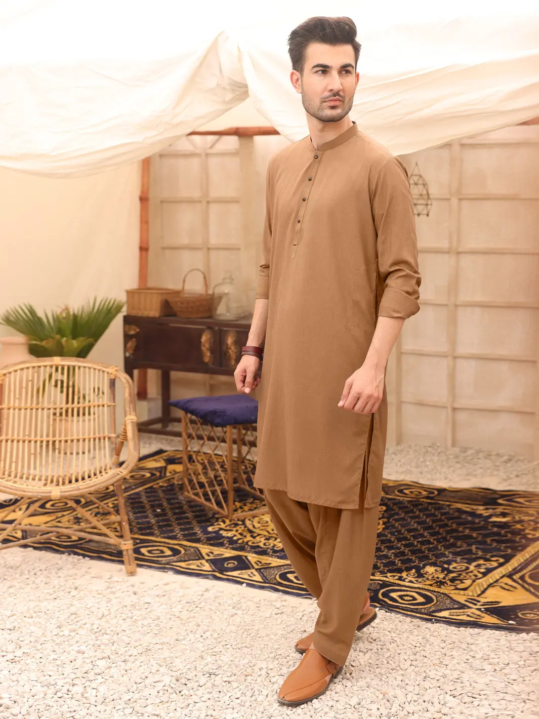 Light Brown Blended Kameez Shalwar - Al-Ks-2615 1