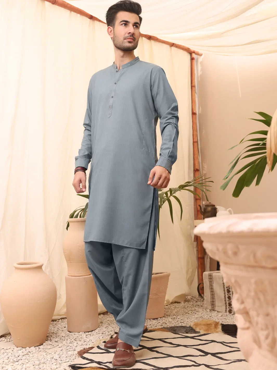 Ash Blue Blended Kameez Shalwar - Al-Ks-2617 1