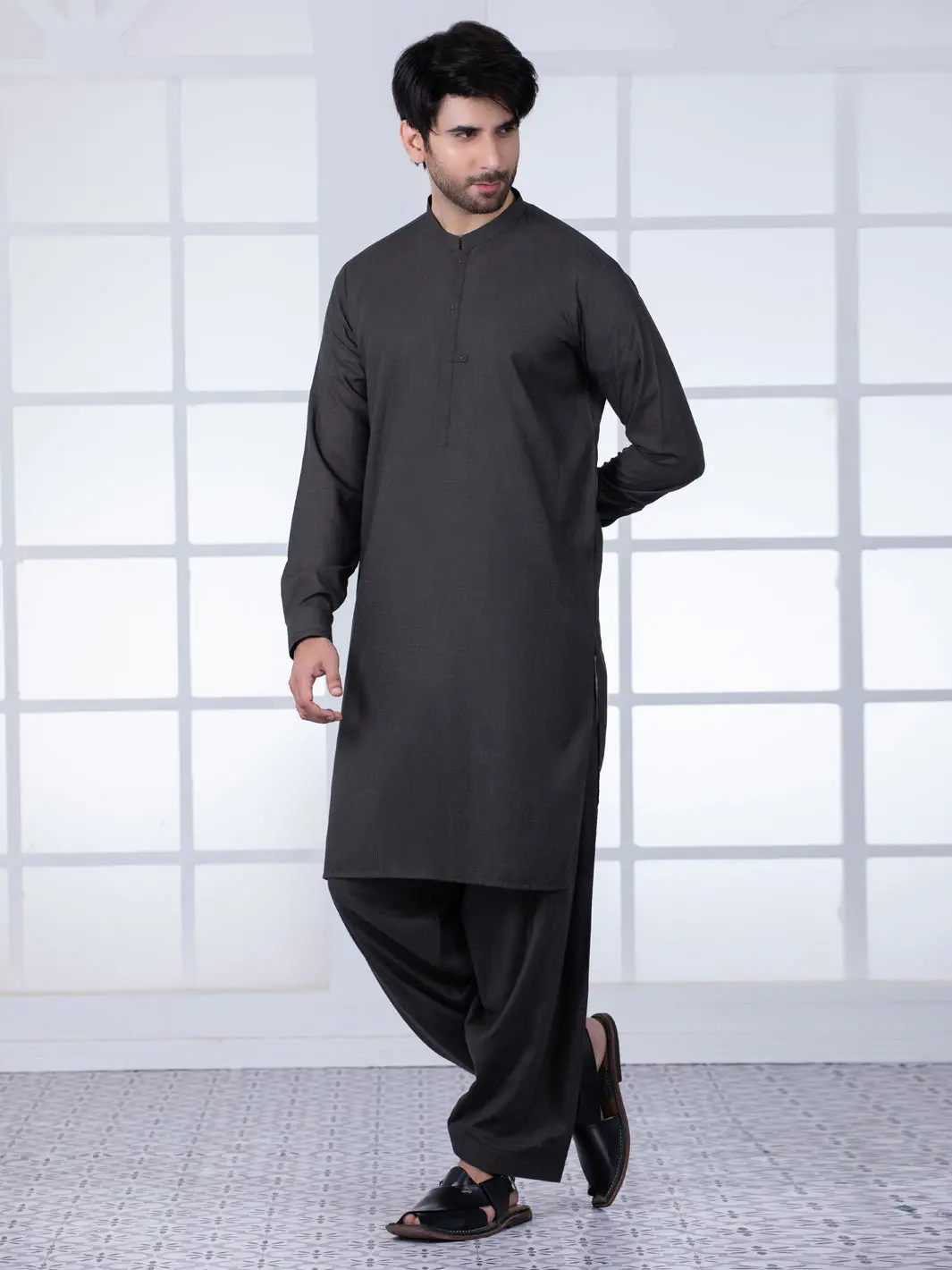 Dark Grey Blended Kameez Shalwar - Al-Ks-2805 1
