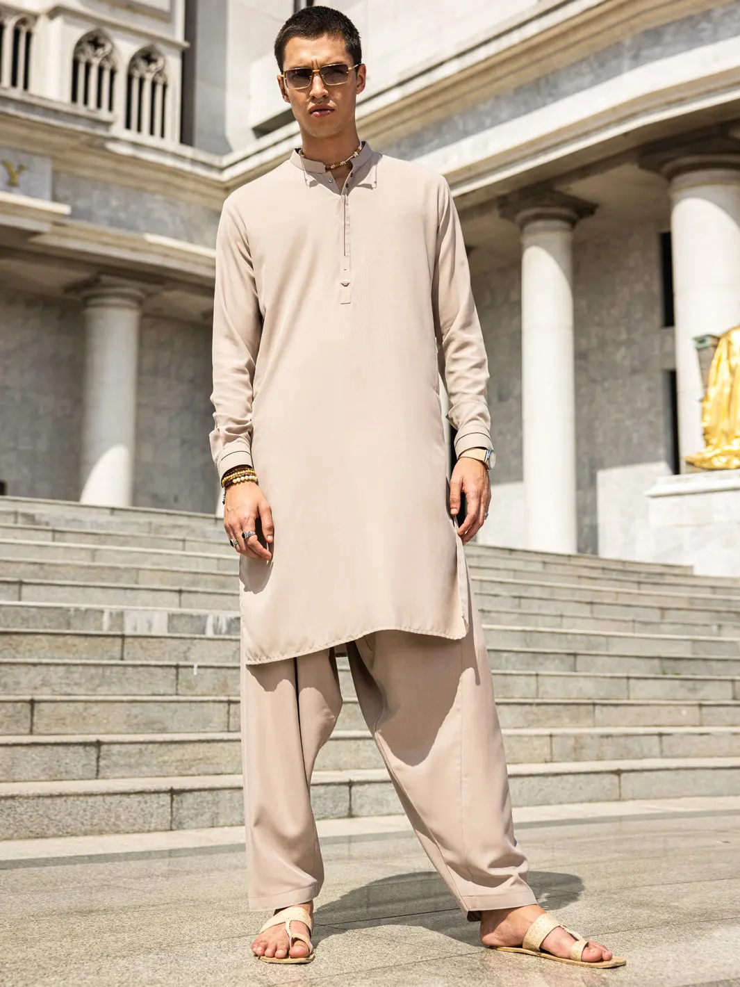 Beige Blended Kameez Shalwar - Al-Ks-2993 1