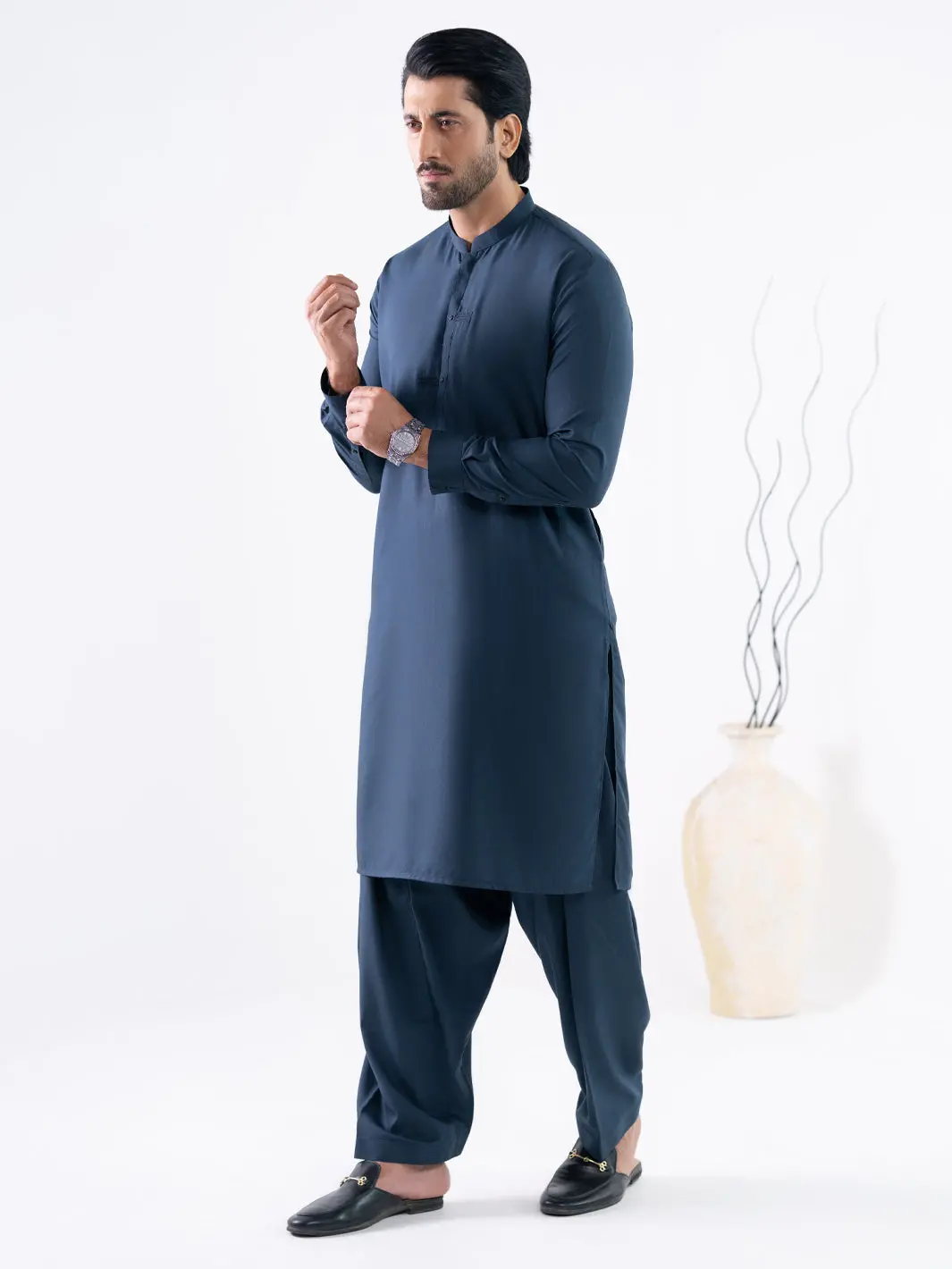 Dark Blue Semi-Formal Kameez Shalwar - Al-Ks-3297 1