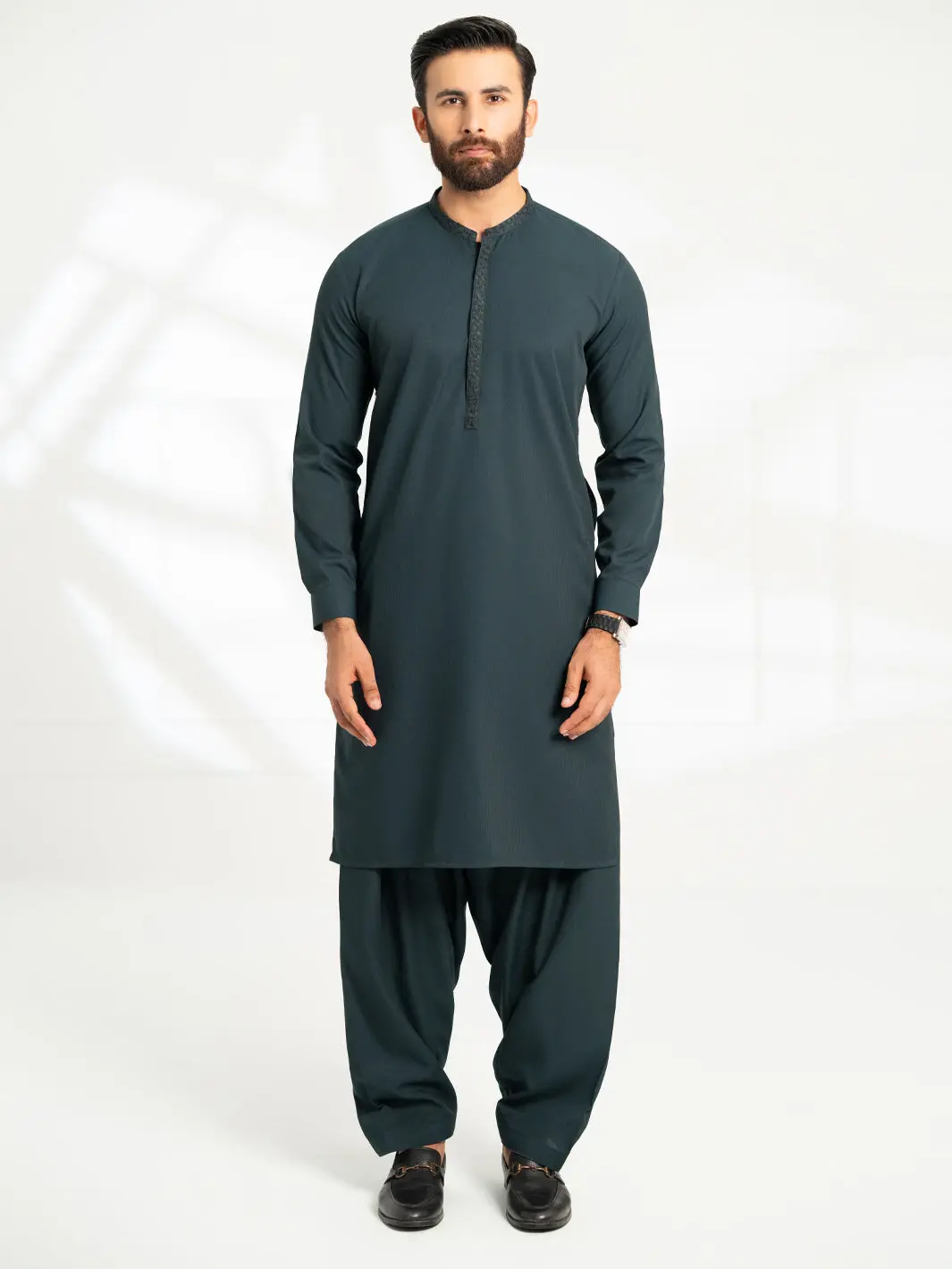 Dark Green Semi-Formal Kameez Shalwar - Al-Ks-3300 1