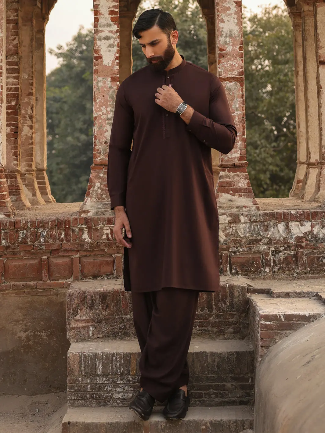 Brown Semi-Formal Kameez Shalwar - Al-Ks-3303 1