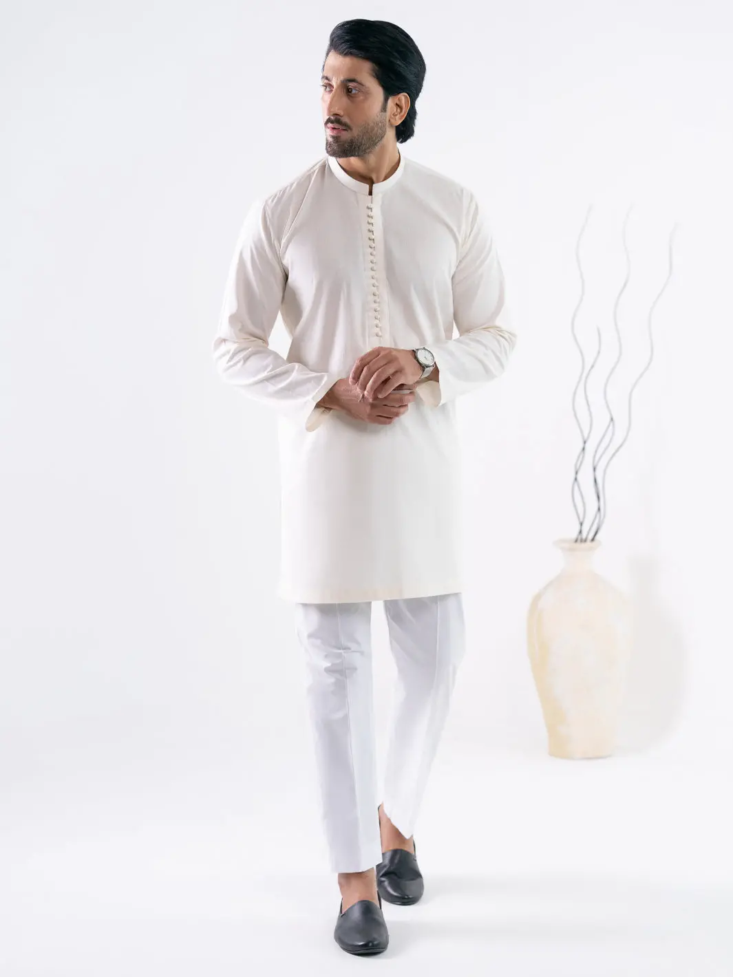 Off White Cotton Screen Print Kurta Trousers - Al-Kt-3410 1